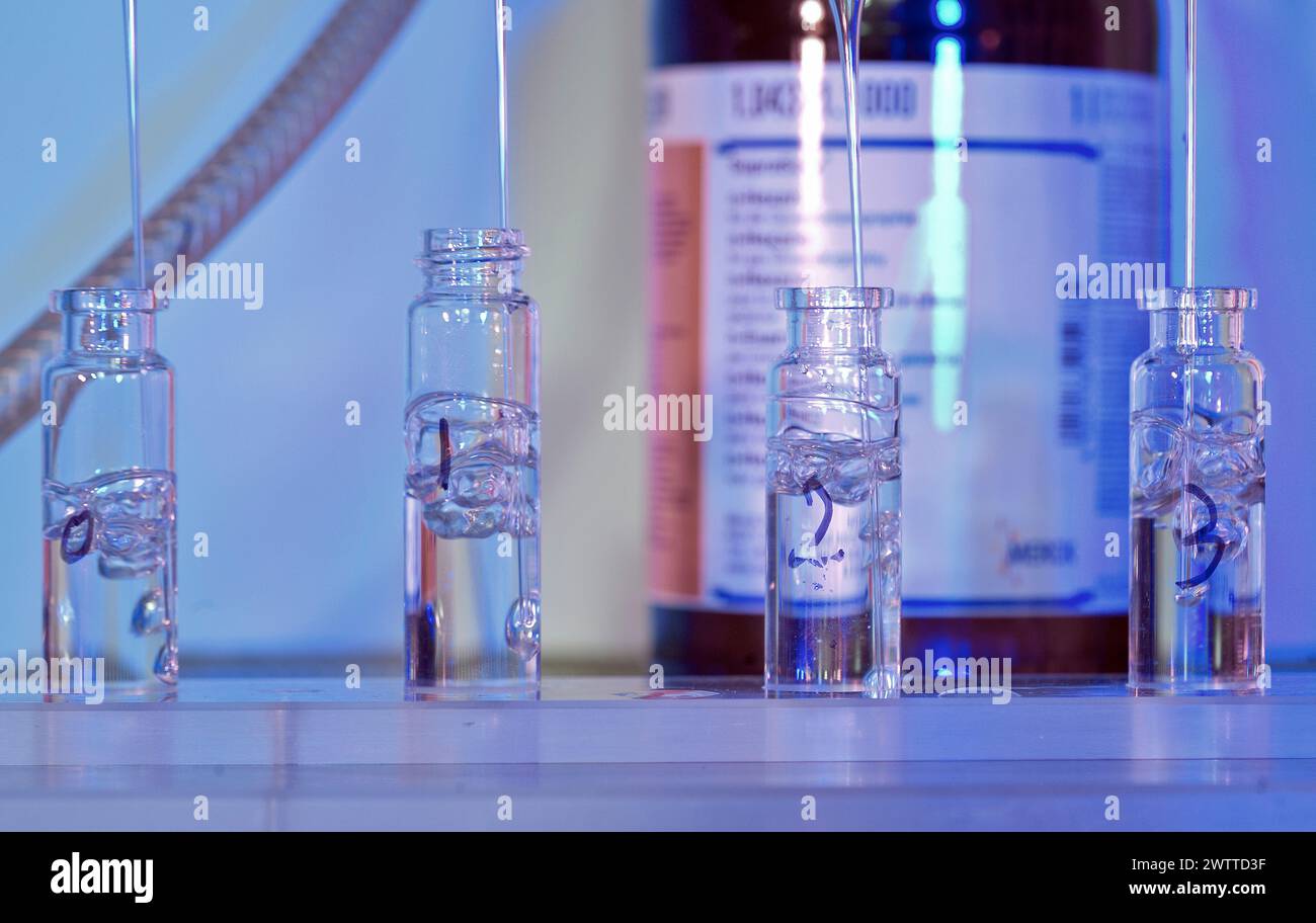 Wissenschaftliche Laborfläschchen sonnen sich in blauem Glanz Stockfoto