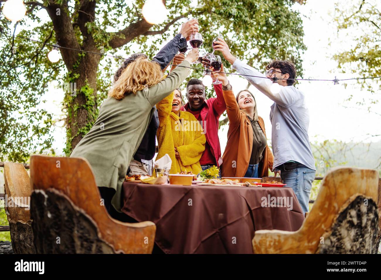Verschiedene Freunde stoßen auf Partys an - multikulturelle junge Leute, die Weingläser anstoßen - fröhliches Treffen im Freien Stockfoto