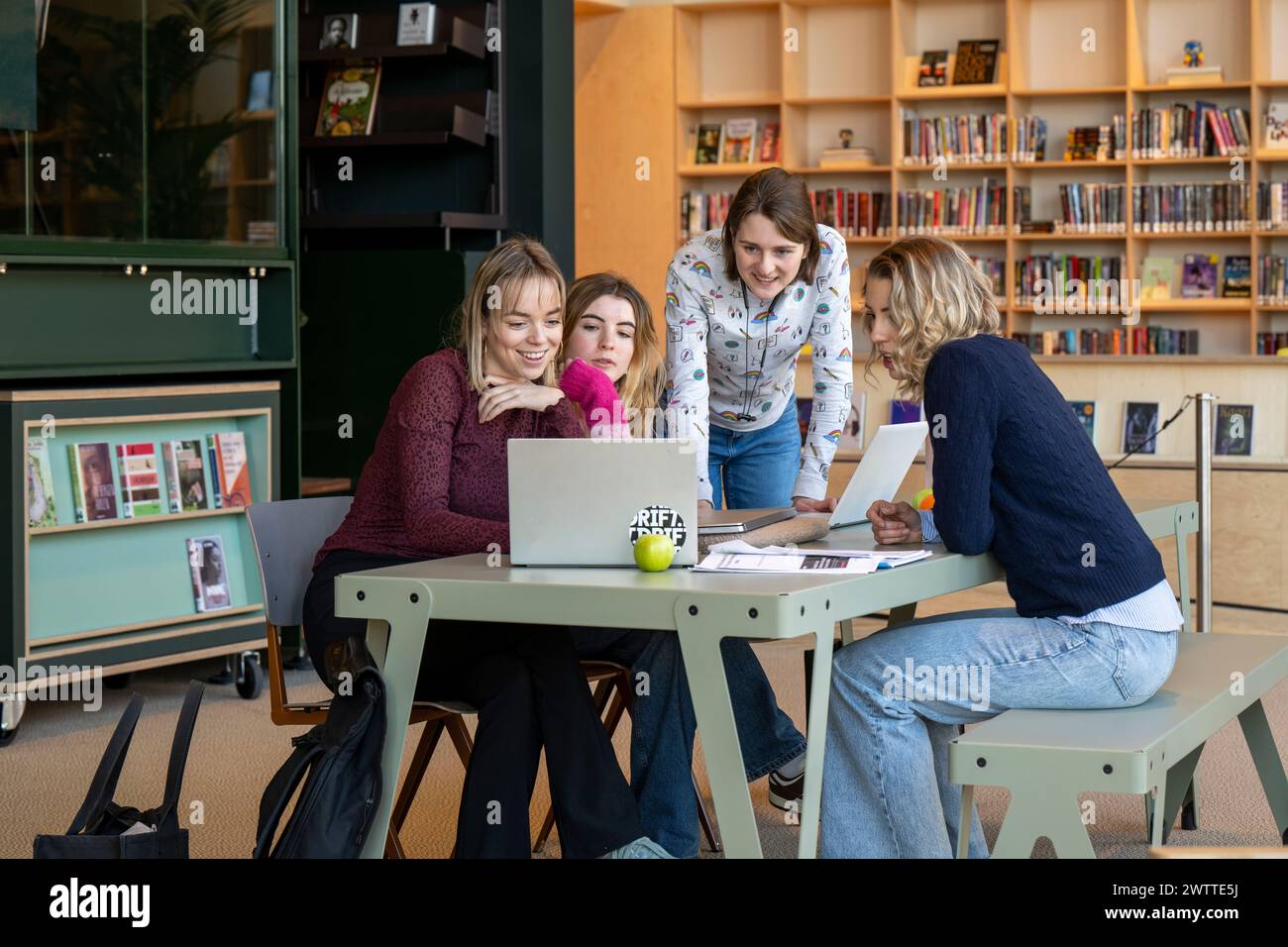 Eine Gruppe von Studenten, die an einem Gemeinschaftsprojekt in einer Bibliothek beteiligt sind. Stockfoto
