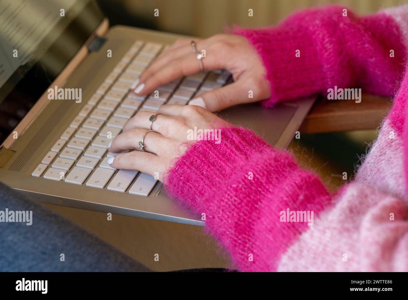 Hände auf einer Laptoptastatur tippen Stockfoto