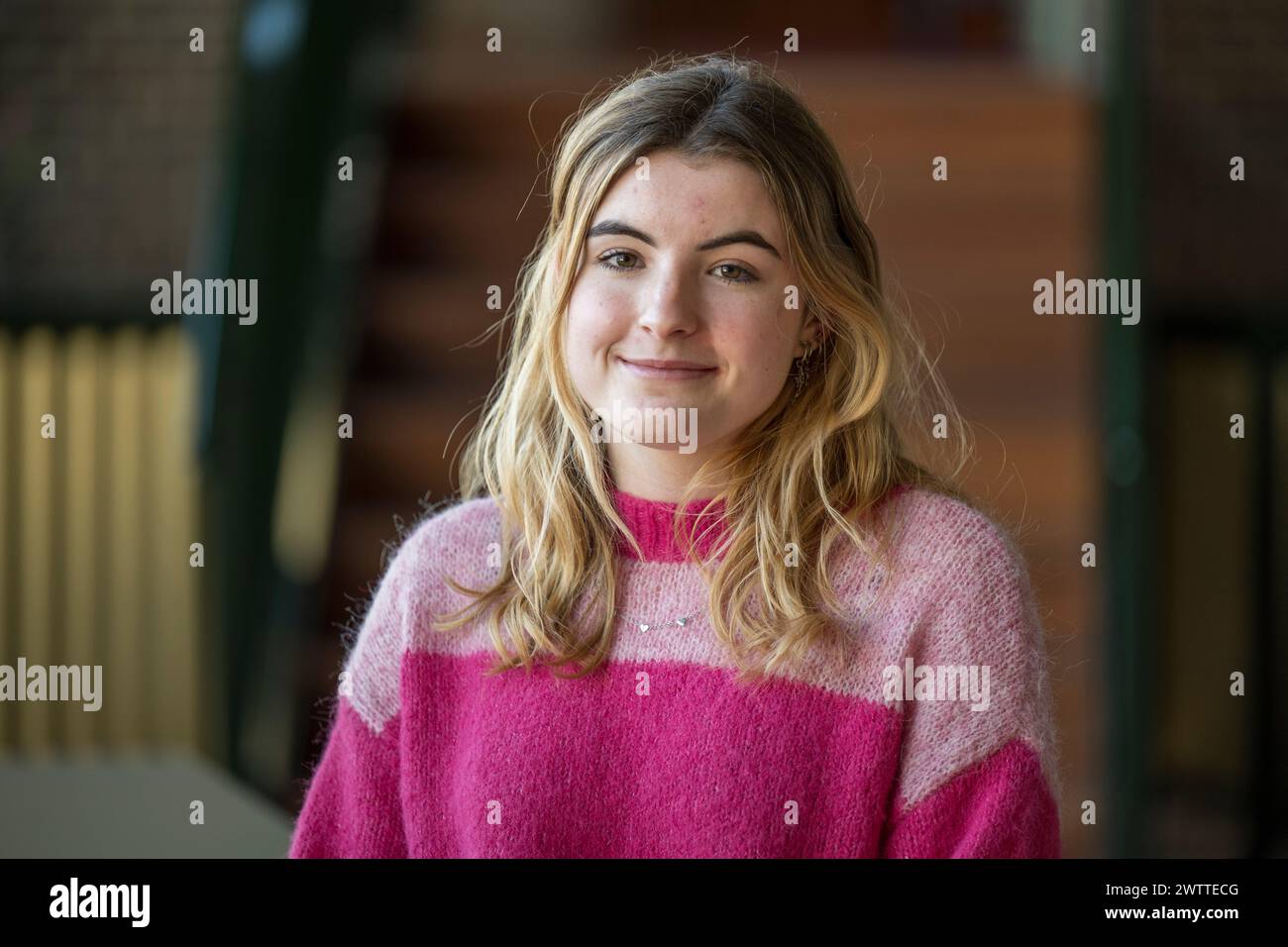 Eine junge Frau in einem rosa Pullover, die drinnen lächelt Stockfoto