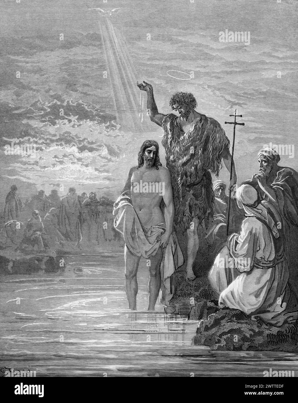 Die Taufe Jesu, das Alte Testament, die Bibel, das Evangelium nach Metthäus 3, historische Anustration 1886 Stockfoto
