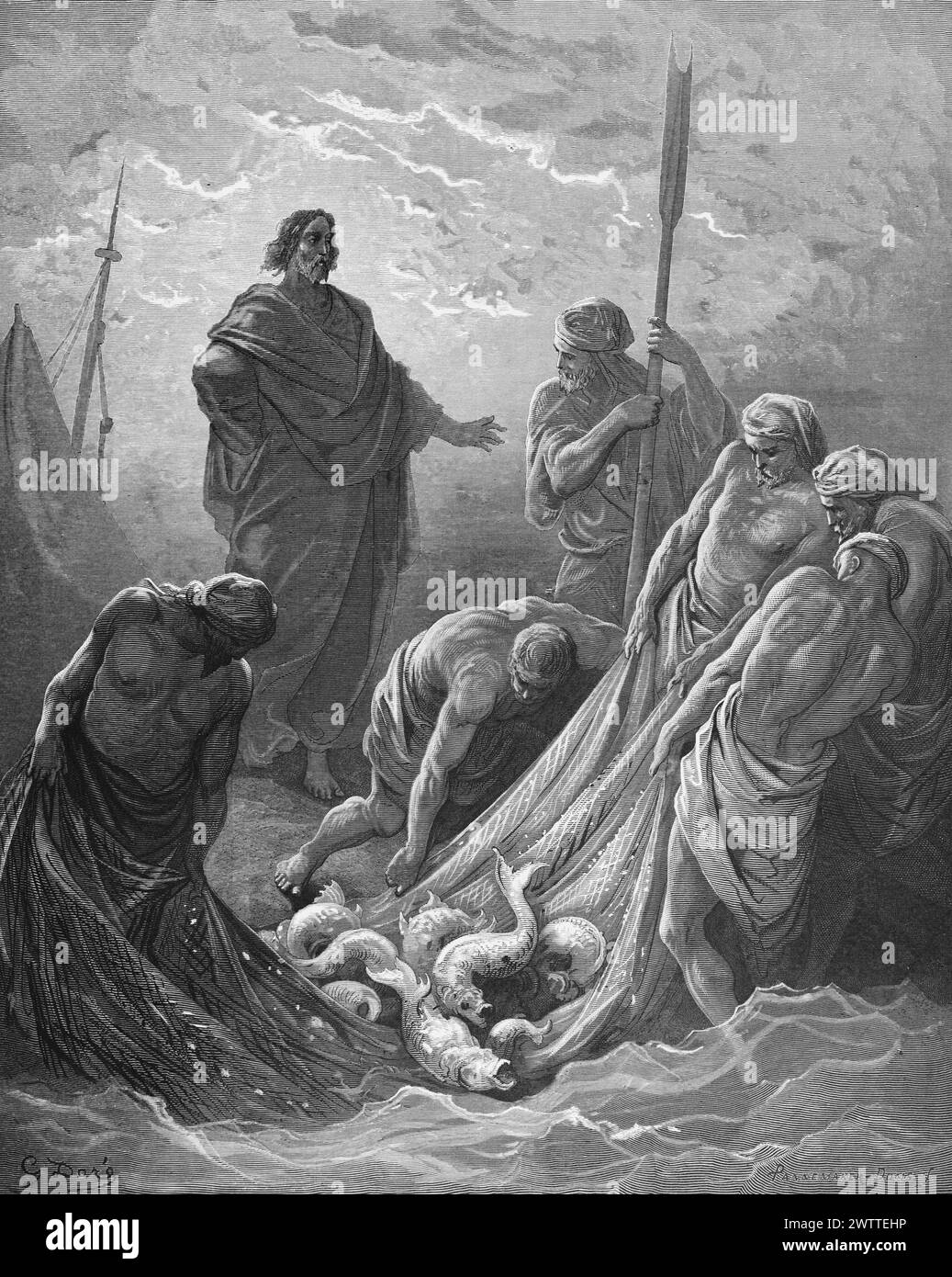 Der wundersame Fang der Fische, Altes Testament, Bibel, das Evangelium nach Lukas 5, historische Andeutung 1886 Stockfoto