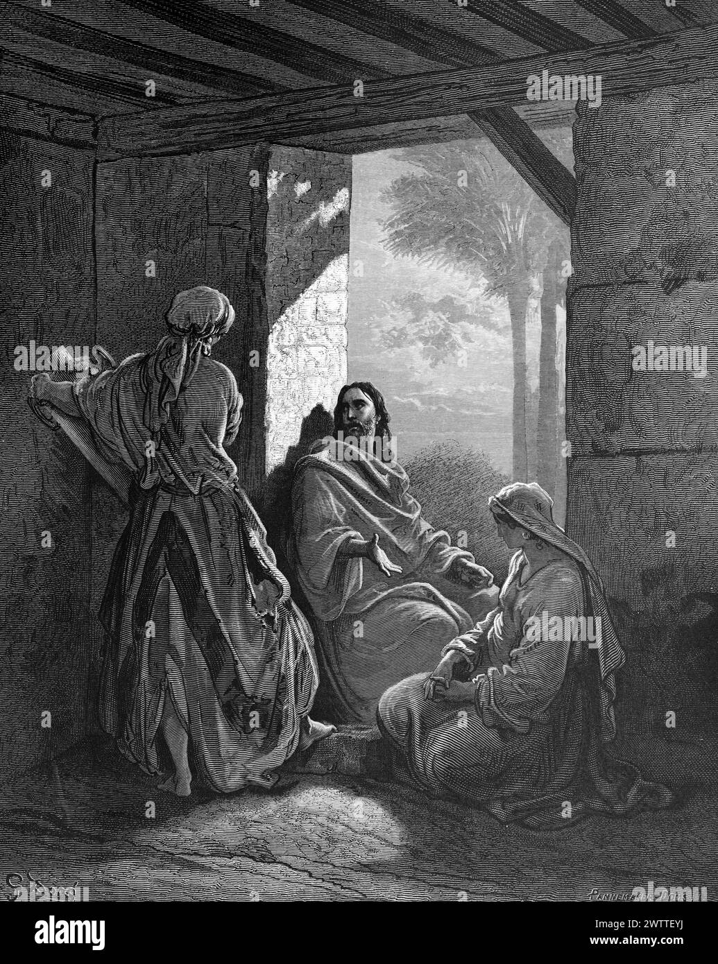 Jesus in Martha und Marias Haus, Altes Testament, Bibel, das Evangelium nach Lukas 10, historische Anustration 1886 Stockfoto