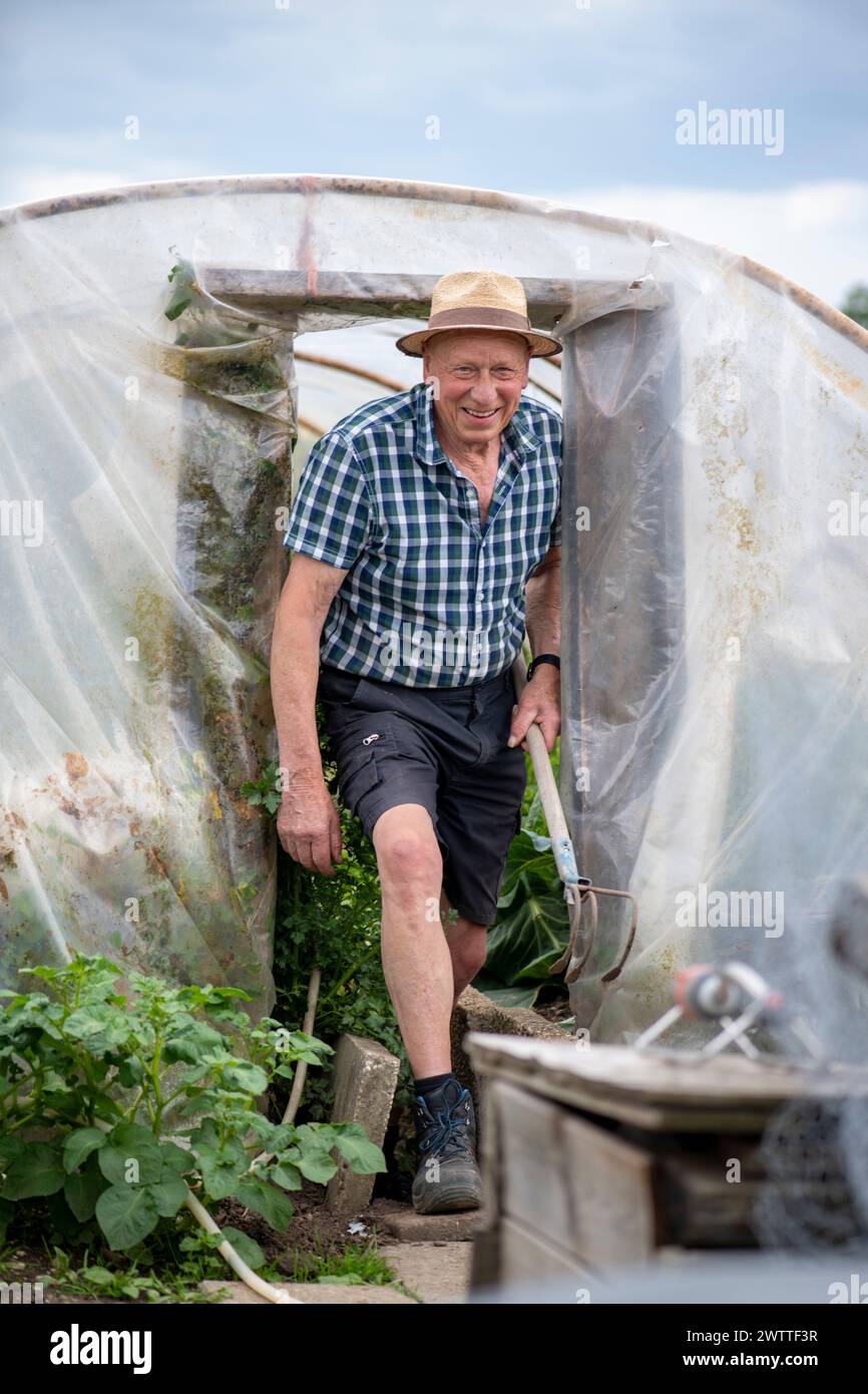 Senior-Mann, der an einem sonnigen Tag glücklich im Garten arbeitet Stockfoto