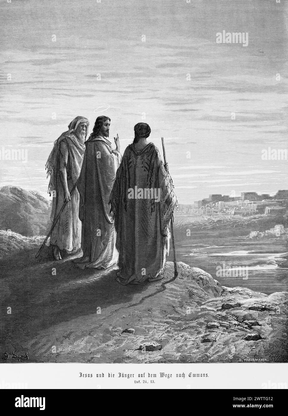 Jesus und die Jünger auf dem Weg zu Emmauns, Lukas, Kapitel 24, Neues Testamemt, Bibel, historische Abbildung 1886 Stockfoto
