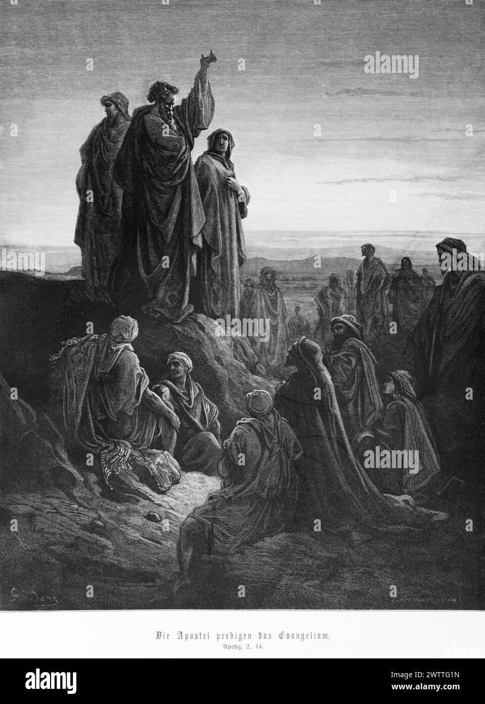 Die Apostel predigen das Evangelium, gemäß der Apostelgeschichte 2, Neuen Testamemt, Bibel, historische Illustration 1886 Stockfoto
