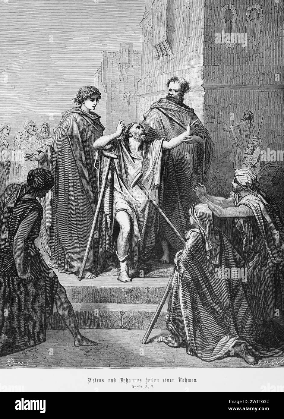 Peter und Johannes heilen einen lahmen Mann, Apostelgeschichte 3, Neues Testamemt, Bibel, historische Illustration 1886 Stockfoto