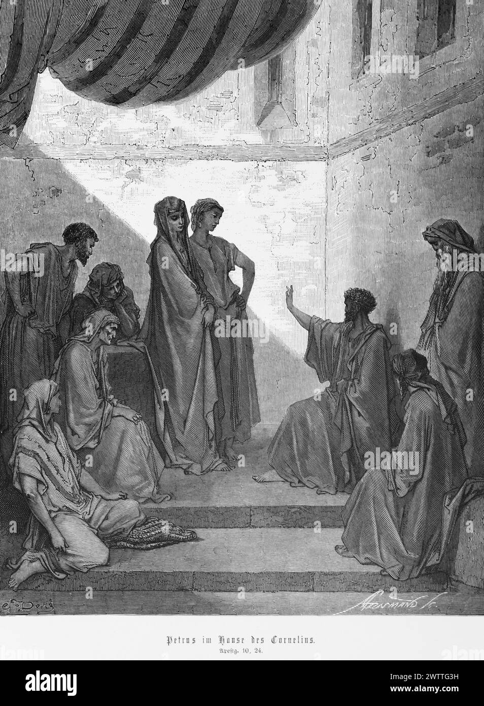 Peter im Haus des Cornelius, Apostelgeschichte 10, Neues Testamemt, Bibel, historische Illustration 1886 Stockfoto