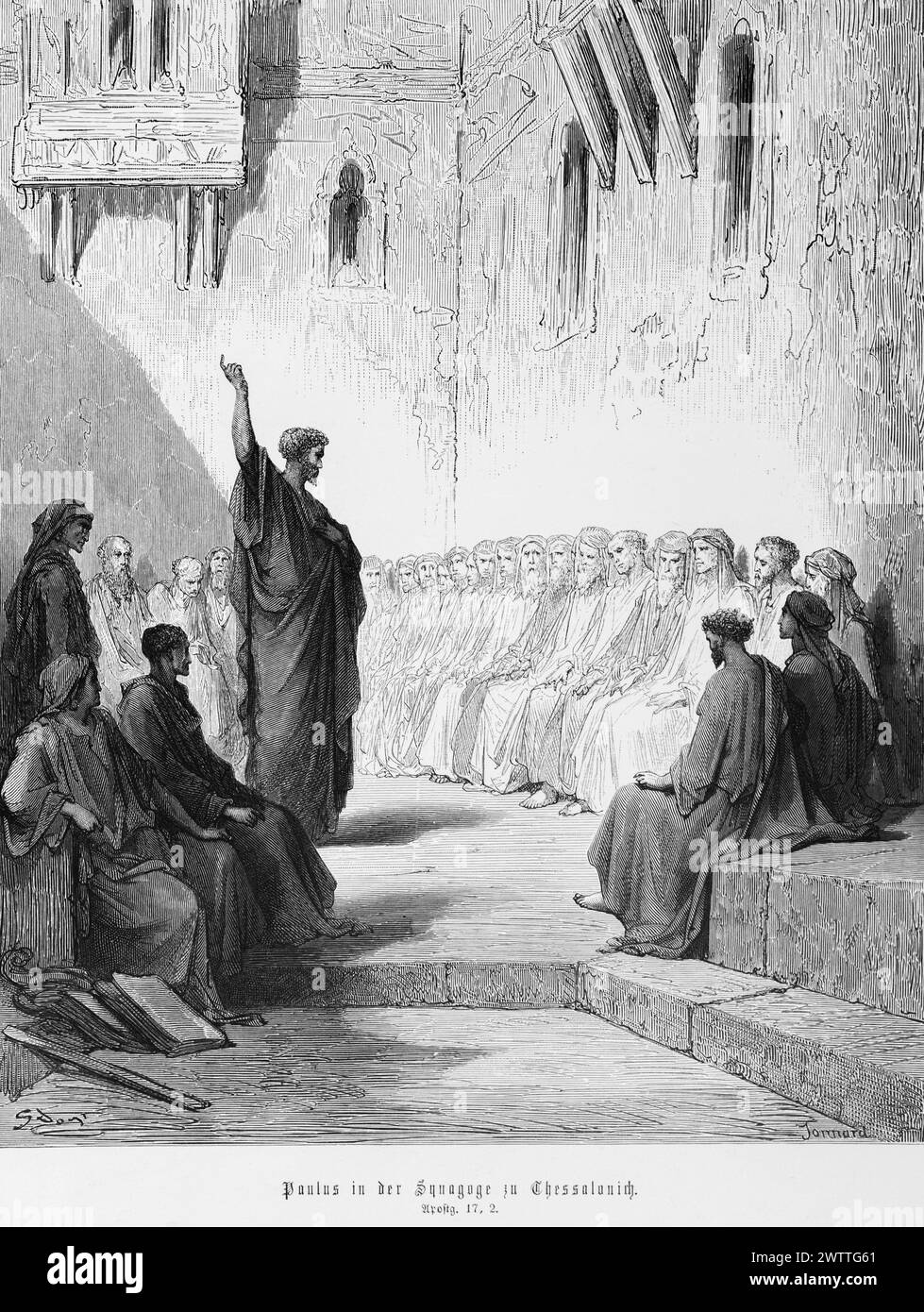 Paulus in der Synagoge bei, Apostelgeschichte 17, Neues Testamemt, Bibel, historische Illustration 1886 Stockfoto