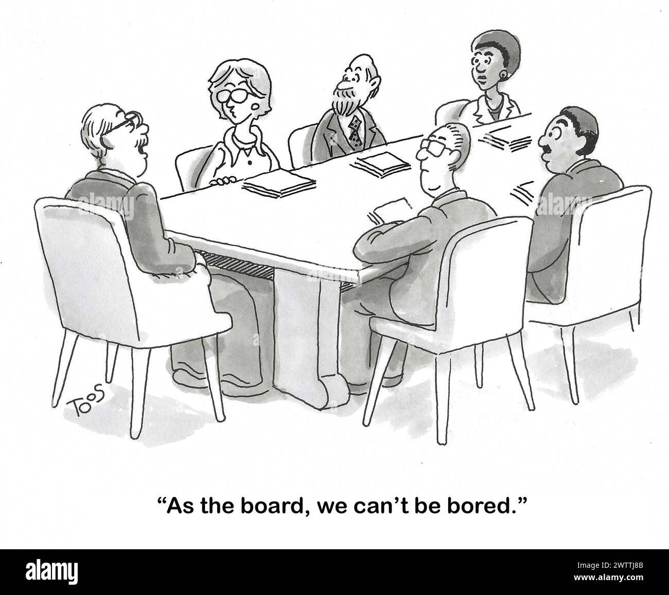 BW Cartoon einer Vorstandssitzung, der Vorsitzende sagt, dass sie sich nicht langweilen können. Stockfoto