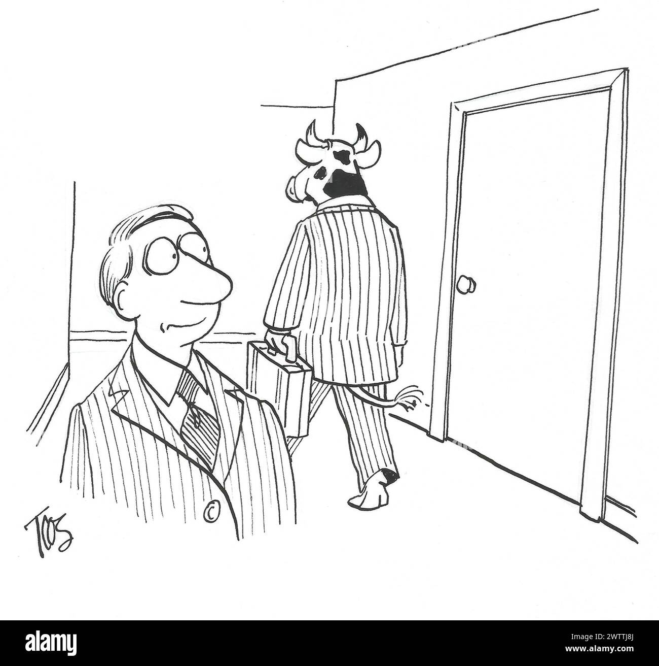 BW-Cartoon eines Geschäftsmannes, der einen zweiten Blick auf seinen selbstbewussten, bulligen Kollegen wirft. Stockfoto