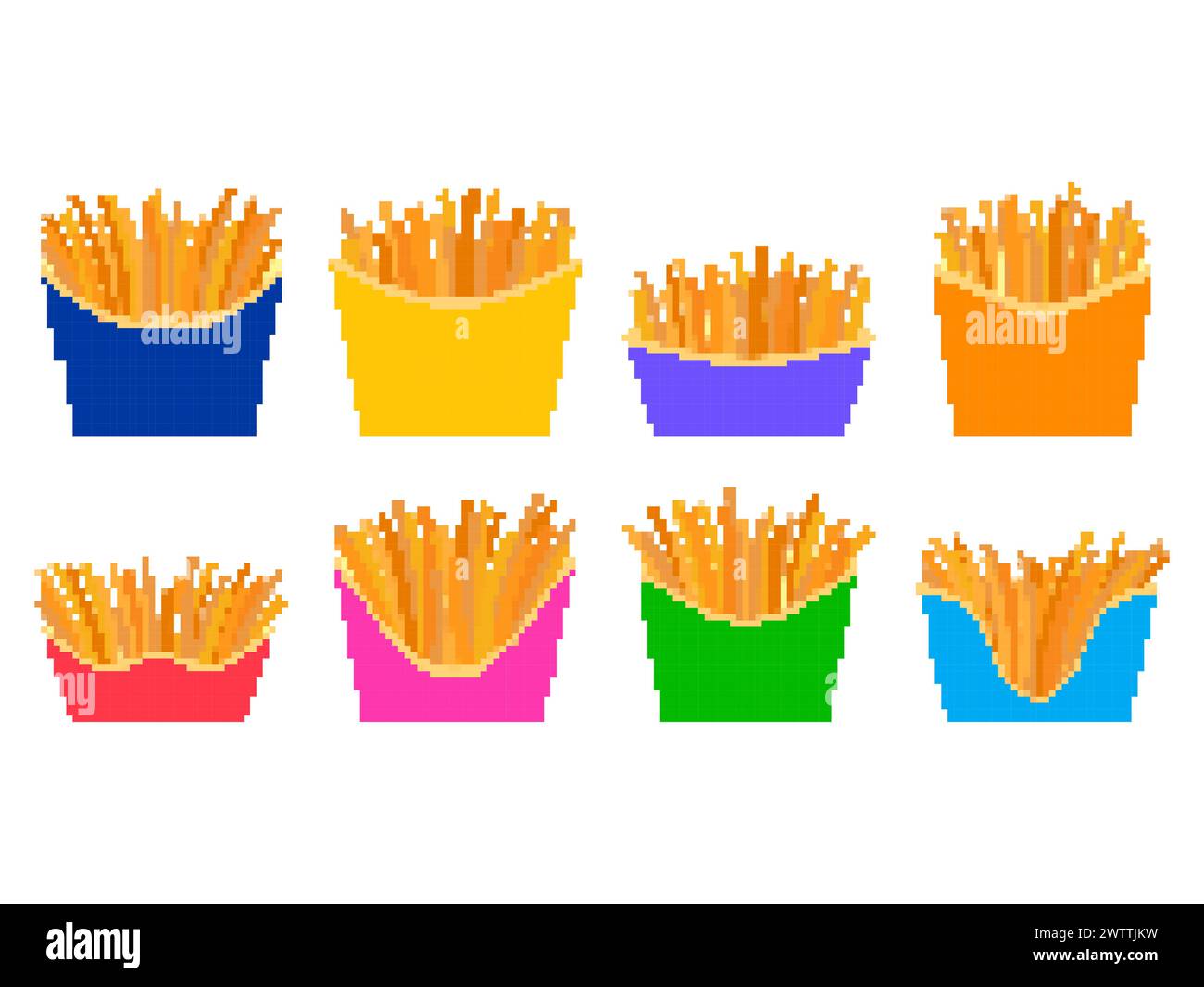 Pixelsymbolsatz Pommes Frites isoliert auf weißem Hintergrund. Fast Food, gebratene Kartoffeln im Pixelstil. Design von Bannern, Postern und Werbeprofis Stock Vektor