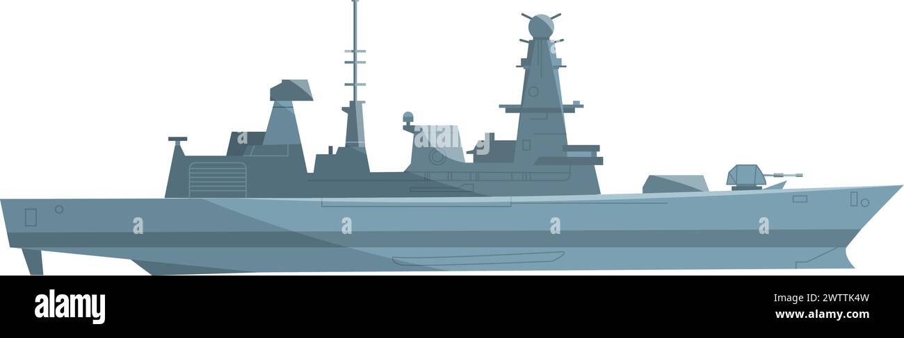 Cartoon-Symbol mit seitlicher Ansicht des Kriegsschiffs. Bewaffnetes Boot Stock Vektor