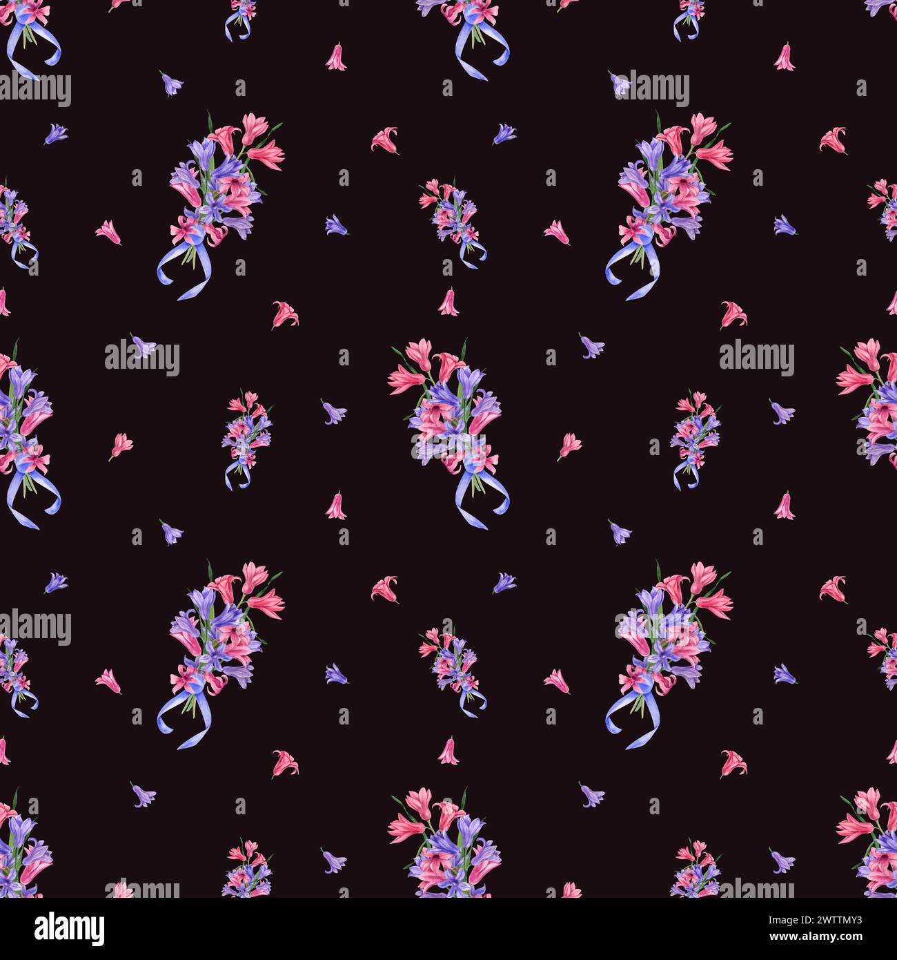 Violett, rosa Hyazinth Bouquet mit blauer Schleife. Frühlingsblumen, Kräuter, Band. Nahtloses Blumenmuster isoliert auf schwarzem Hintergrund. Stockfoto