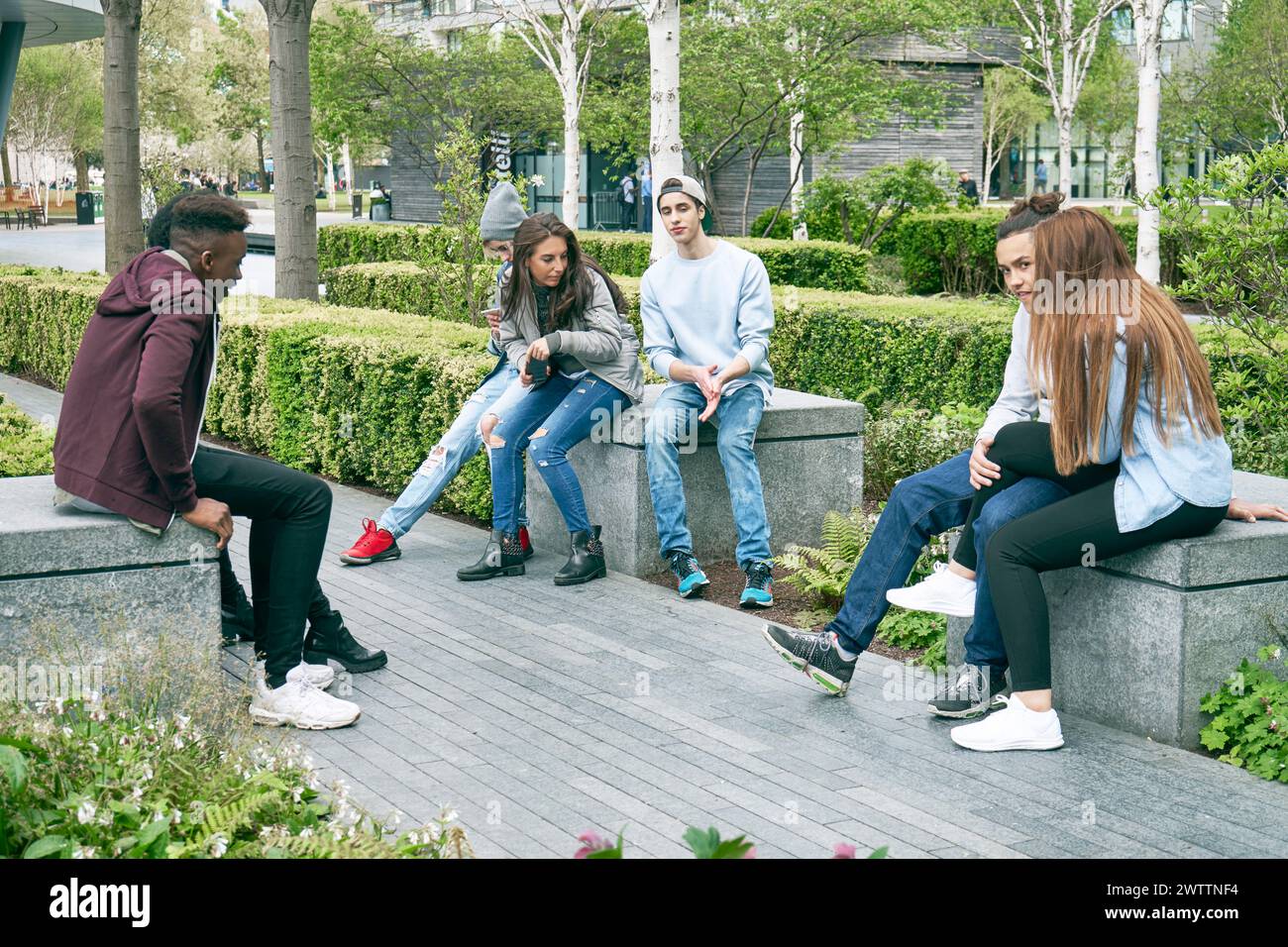 Eine Gruppe von Teenagern, die in einem Park rumhängen Stockfoto