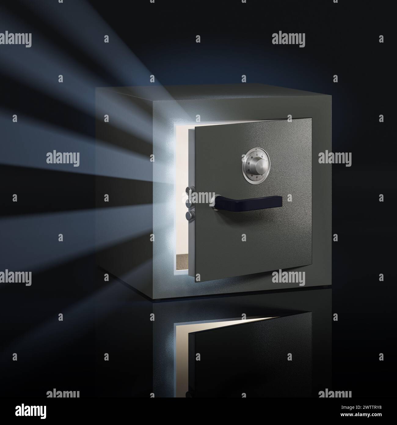 Ein leicht geöffneter Safe mit Permutationsschloss in einer dunklen Umgebung. Licht, das aus dem Tresor in Form von Gottes Strahlen fließt. Überraschungskonzept. 3D-rendering Stockfoto