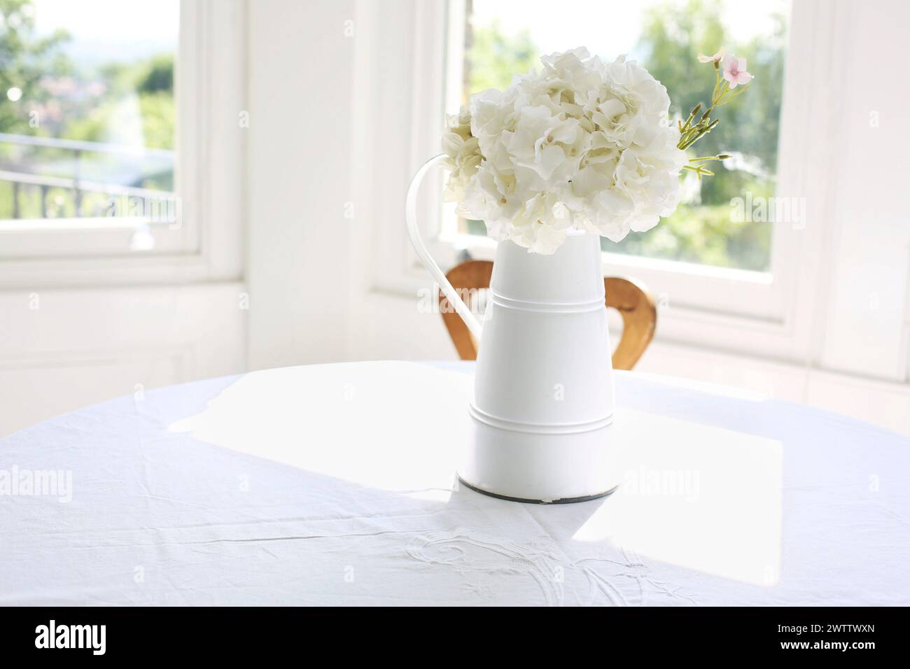 Weiße Blumen in einem Krug auf einem Tisch am Fenster. Stockfoto