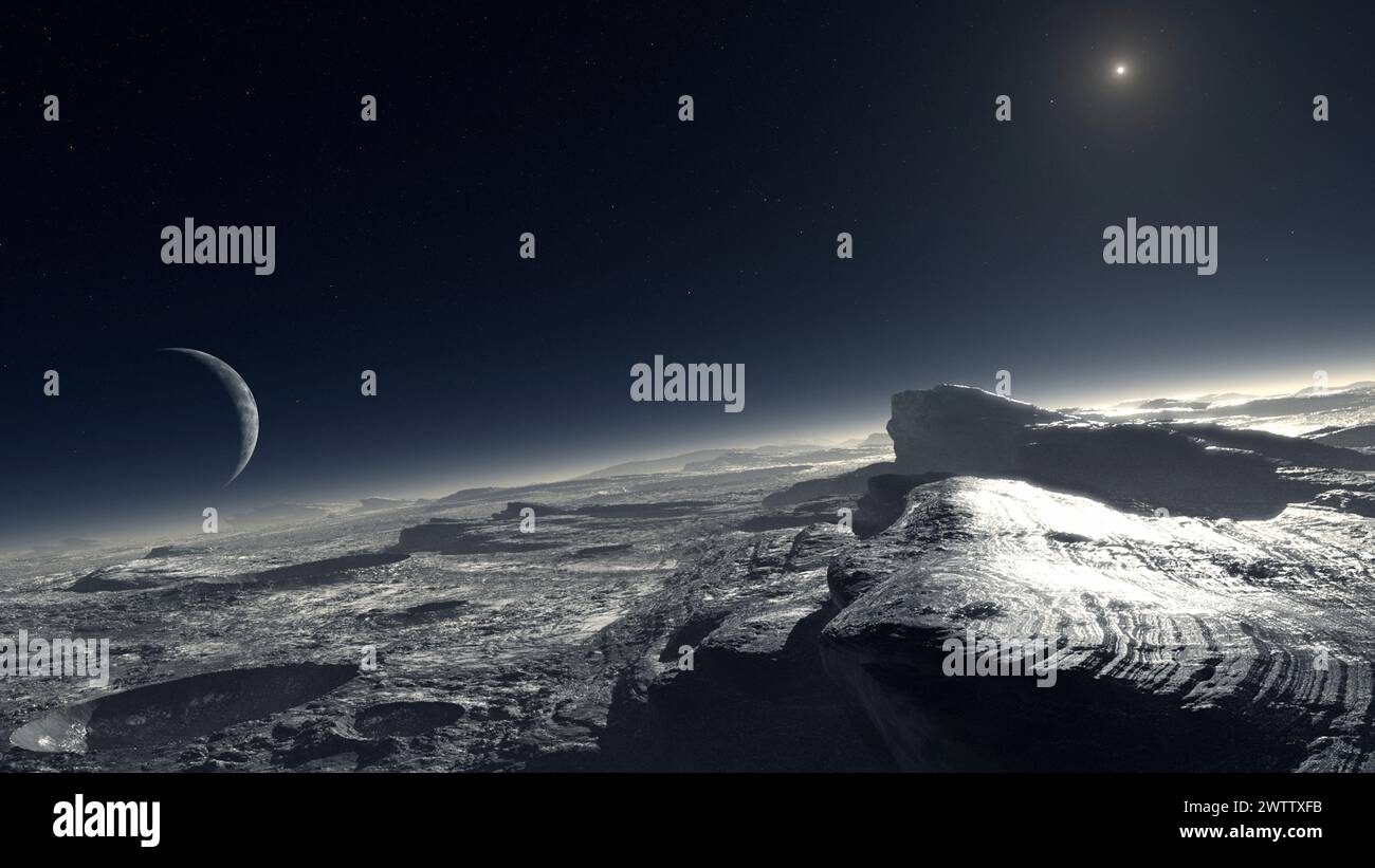 Mondbeleuchtete außerirdische Landschaft unter einem Sternenhimmel Stockfoto