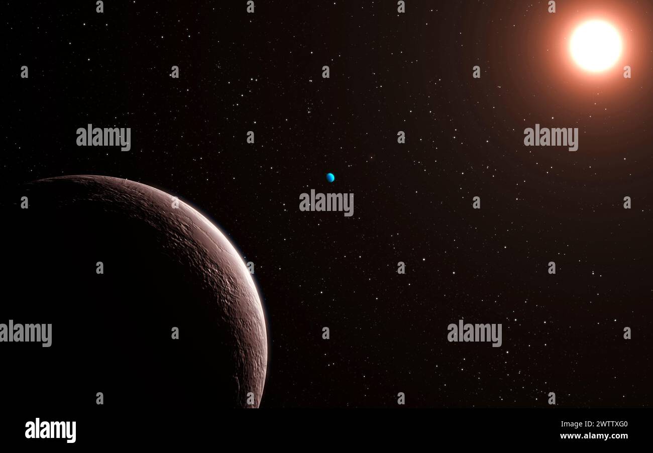 Planetenkörper, der in der Nähe eines Sterns umkreist Stockfoto