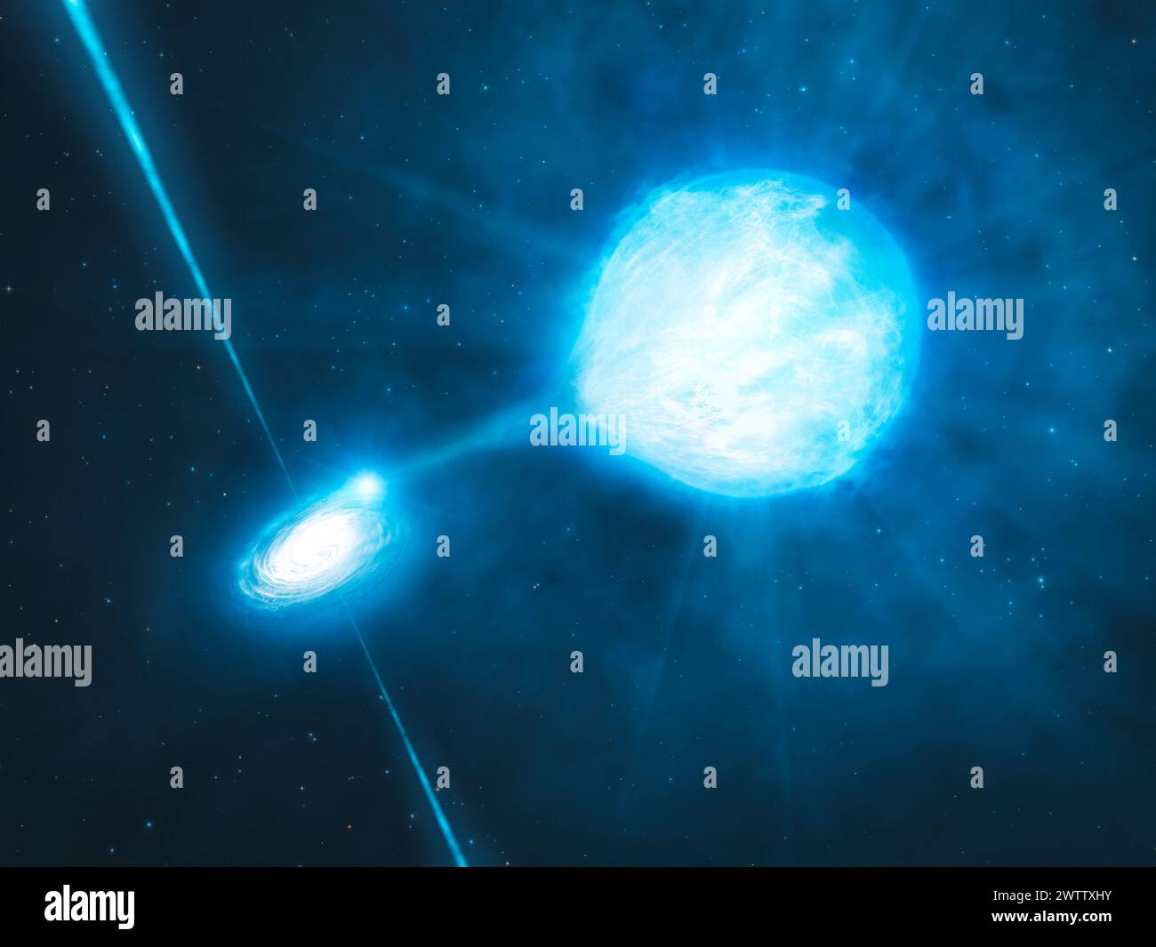 Blauer Stern, der einen Strahl in Richtung eines anderen Himmelskörpers ausstrahlt. Stockfoto