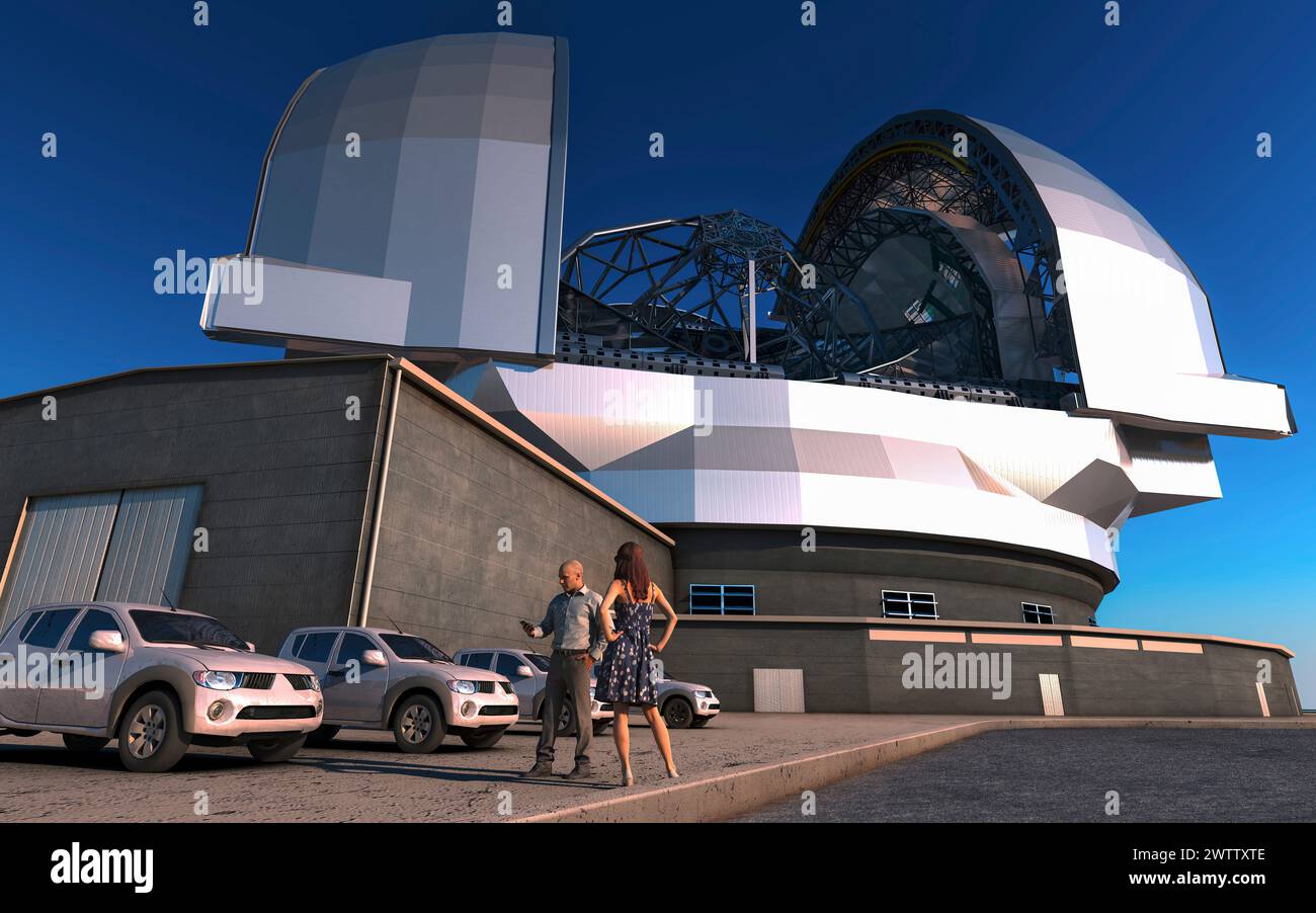 Zwei Leute stehen an einem futuristischen Gebäude mit Autos. Stockfoto