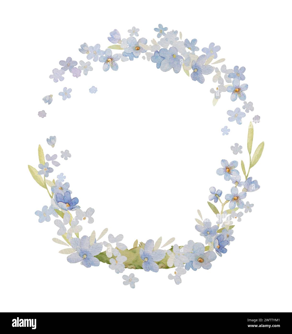 Vergiss Mich Nicht Blume Border Aquarell Illustration. Forget Me Not Kids Print. Blaue Blume Aquarell Clipart. Vorgefertigte Kompositionen Stockfoto