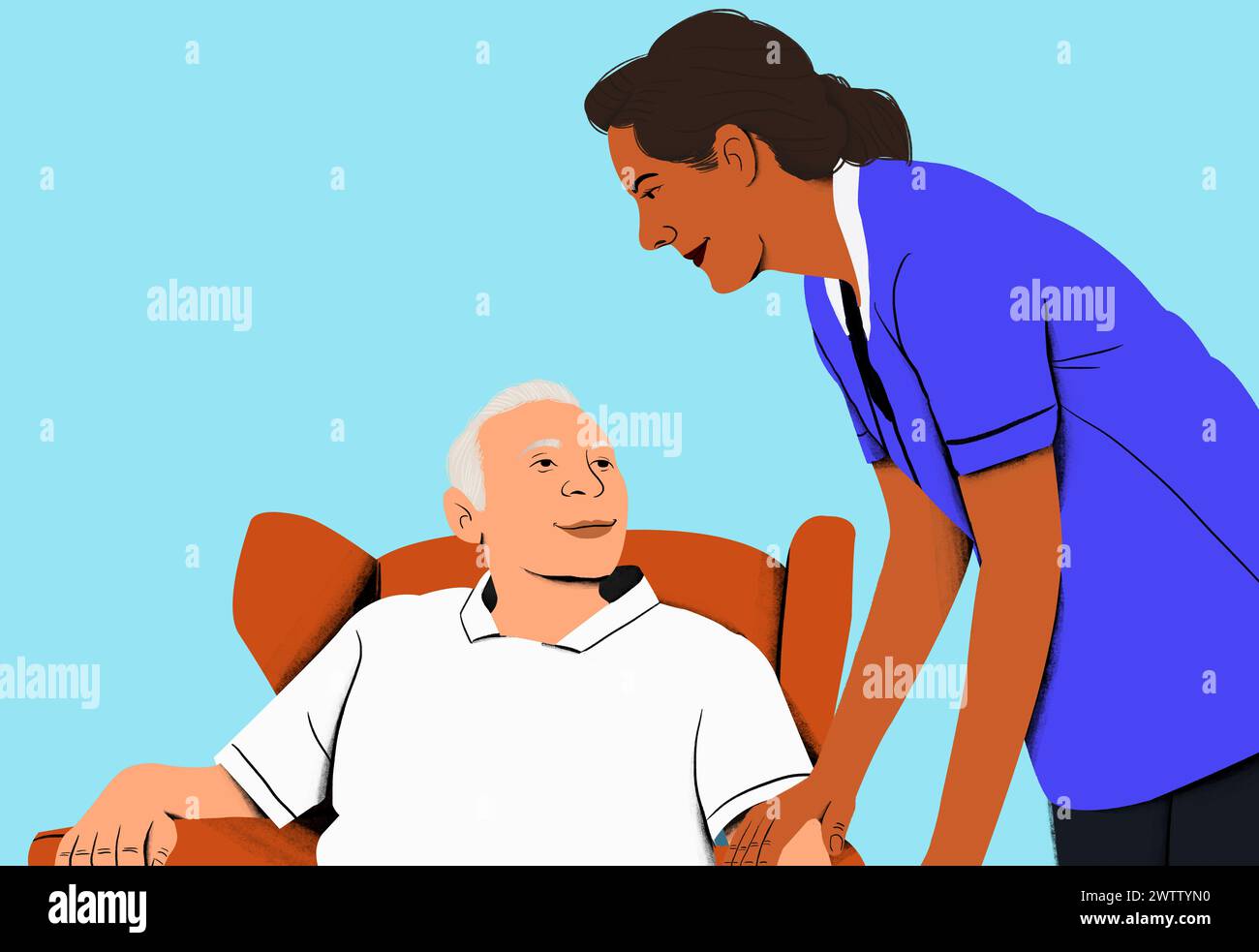 Eine fürsorgliche Krankenschwester, die einen älteren Mann auf einem Stuhl betreut Stockfoto