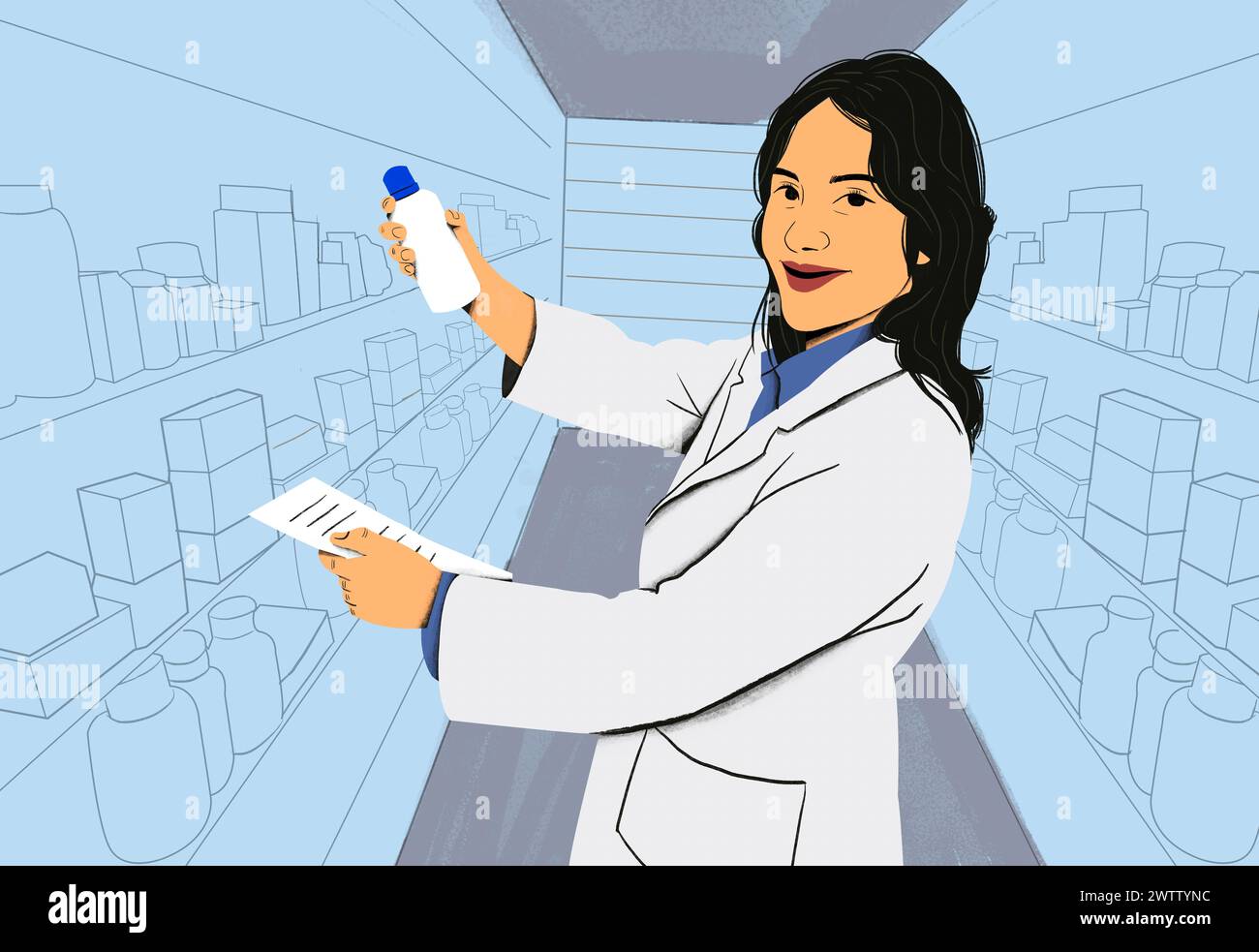 Selbstbewusste Wissenschaftlerin, die ein Reagenzglas im Labor hält. Stockfoto