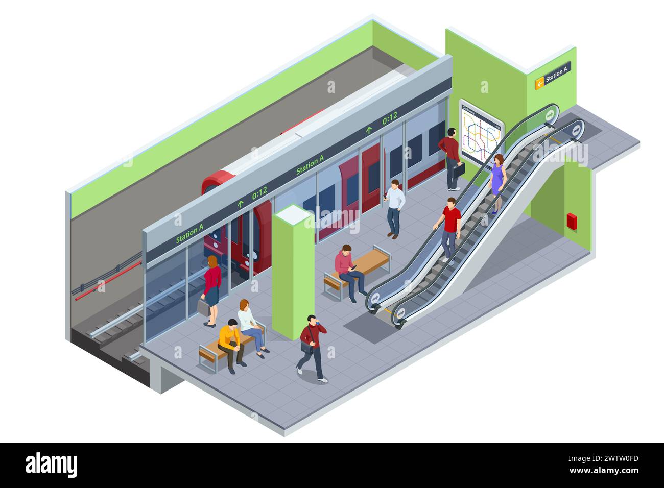 Isometrische U-Bahnstation. Inklusive U-Bahn, Bahnhof. U-Bahn-Station, S-Bahn-Nahverkehrssystem, U-Bahn-Plattform Stock Vektor