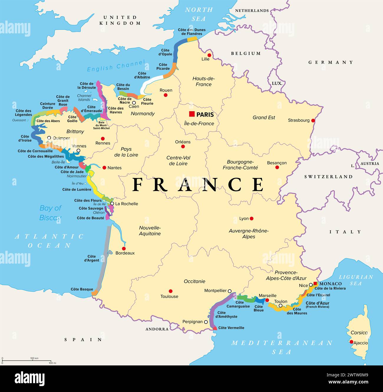 Die Küsten Frankreichs, politische Karte. Die wichtigsten Küsten und Strände Frankreichs. Häufig verwendete und populäre Namen der Abschnitte im Tourismus. Stockfoto