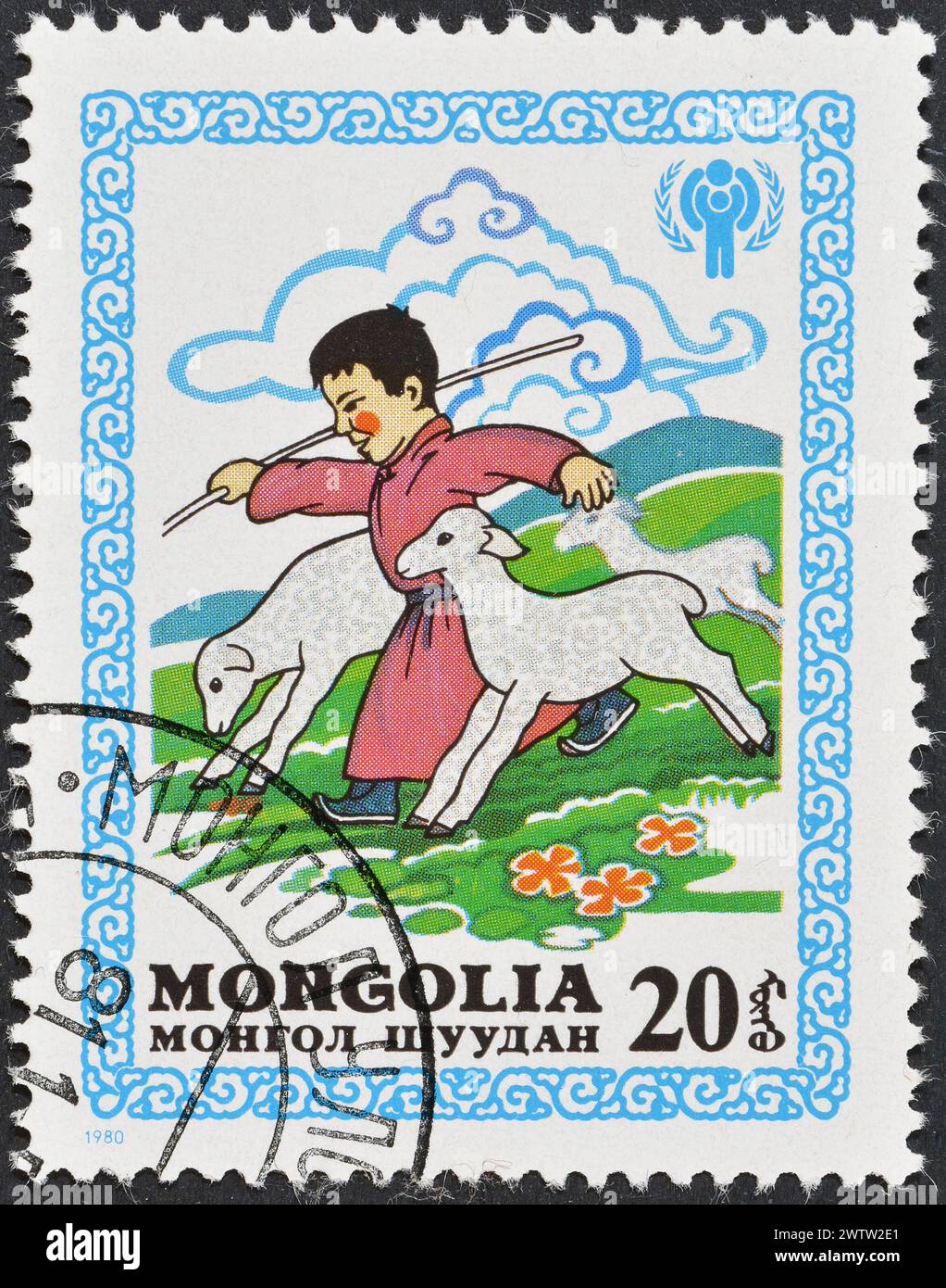 Von der Mongolei gedruckte Briefmarke, die Kinder zeigt, Internationales Jahr des Kindes, um 1980. Stockfoto