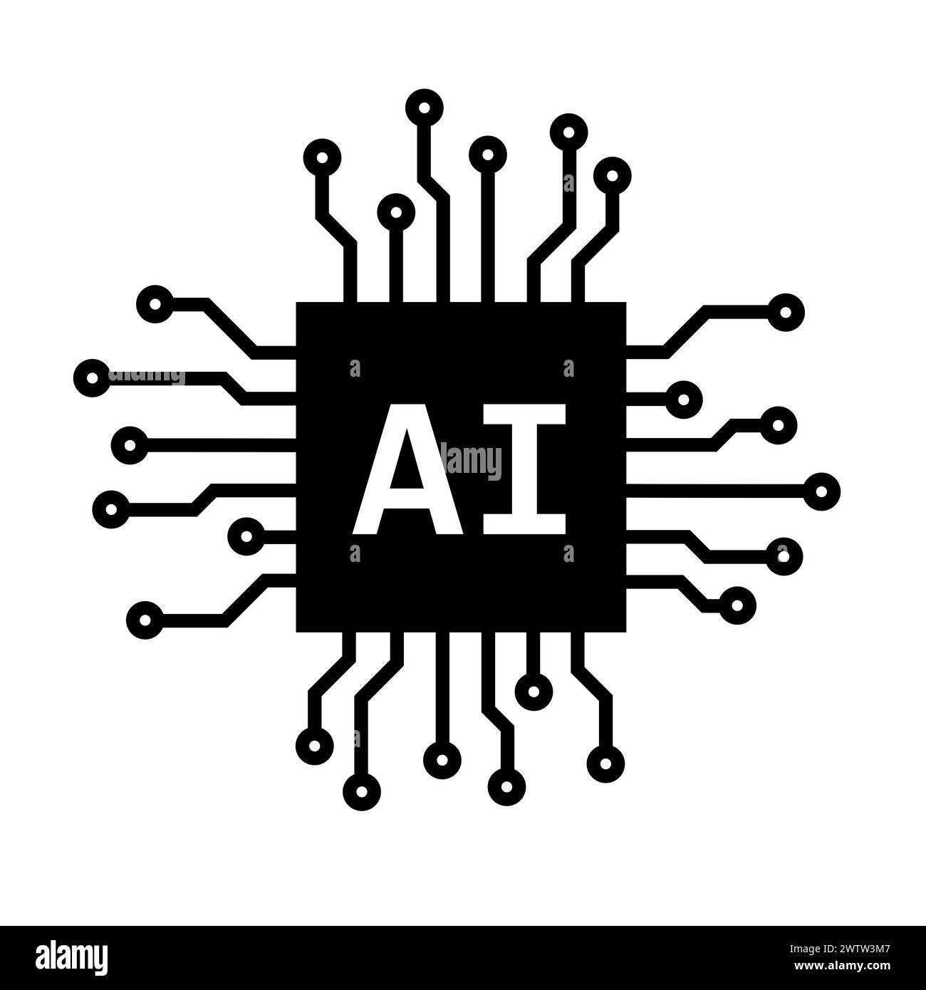 Künstliche Intelligenz - Computerchip und Prozessor mit KI-Text. Moderne kybernetische Informationstechnologie. Vektorillustration isoliert auf weiß. Stockfoto
