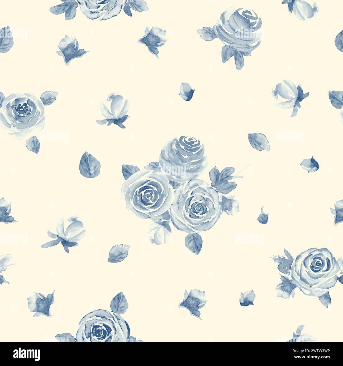 Marineblaue Rosenblüten in Aquarellfarben. Nahtloses Blumenmuster. Aquarell handgezeichnet Frühling Sommer botanische Illustration auf milchweißem Hintergrund. Pr Stockfoto
