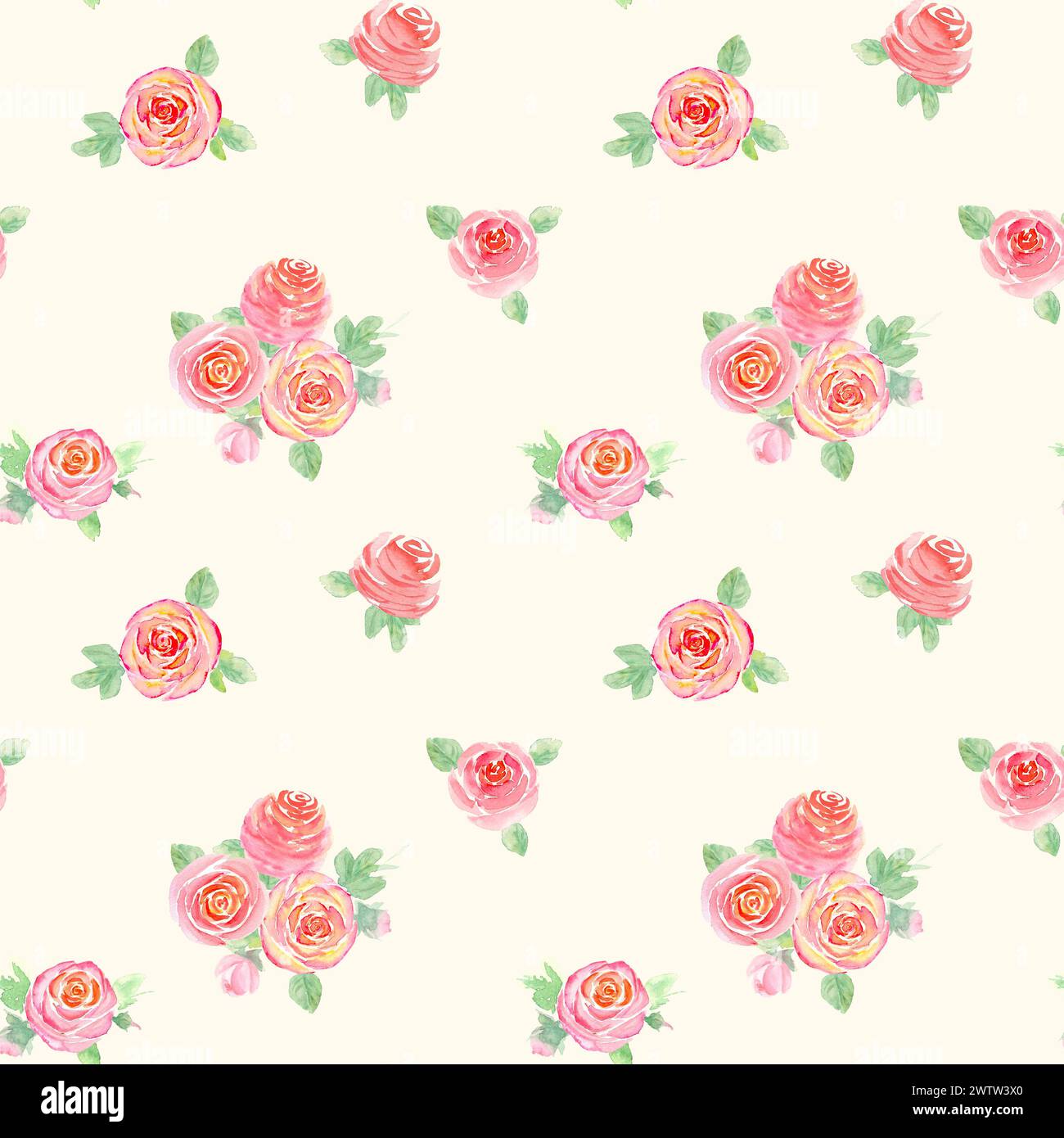 Aquarellrosen Blumen. Wunderschönes nahtloses Blumenmuster. Aquarell Hand gezeichnet Frühling Sommer botanische Illustration auf milchig weißem Hintergrund. Pr Stockfoto