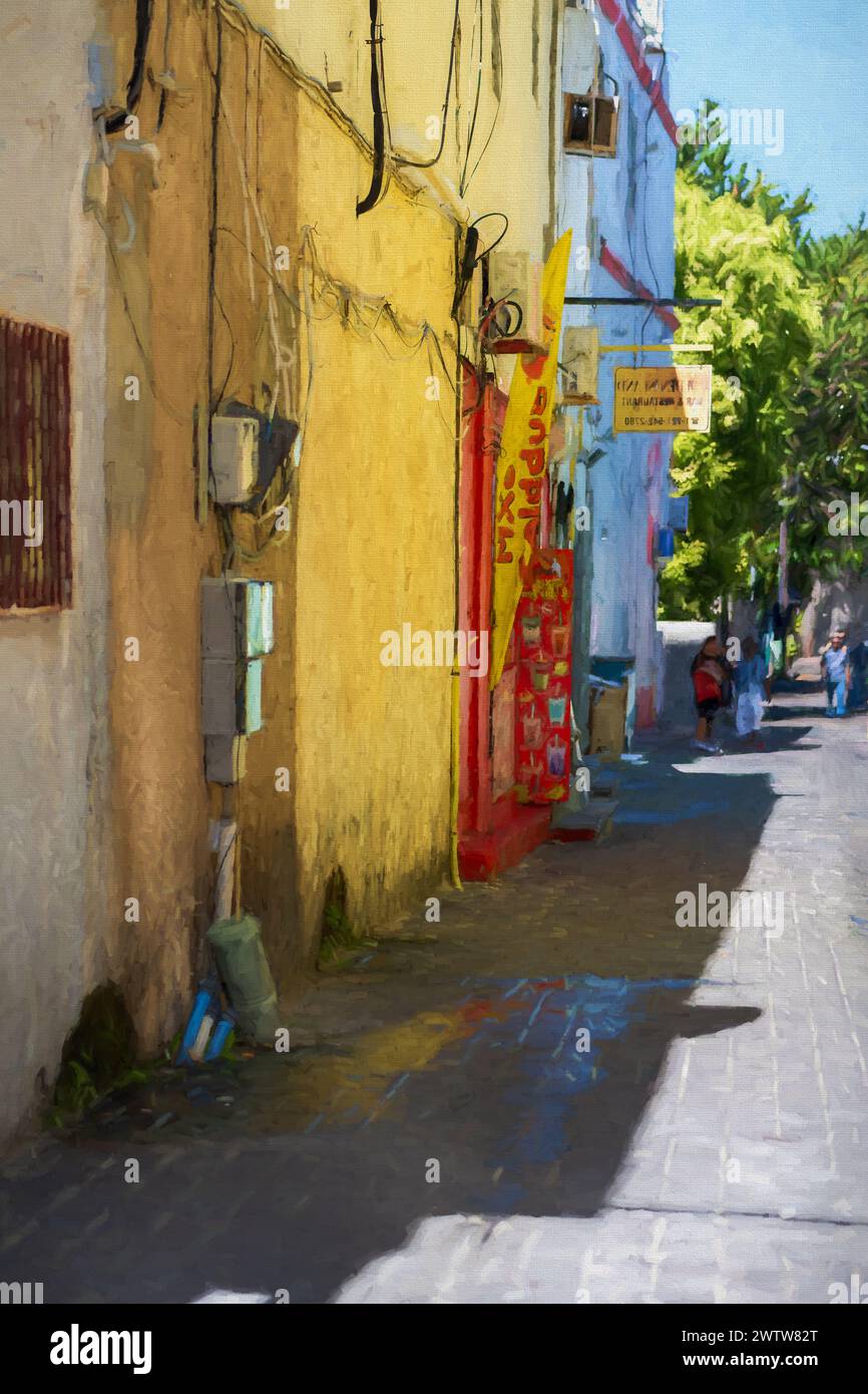 Ein digital gemaltes Bild einer ruhigen sonnigen Straße mit hellen bunten Fassaden und klarem blauem Himmel Stockfoto