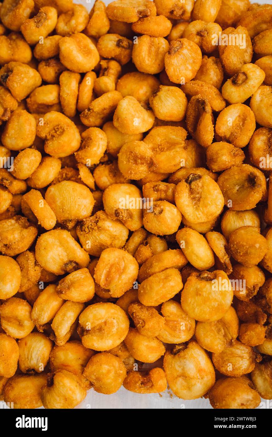 Chile Picante Inka Roasted Corn, heirloom Mais, bekannt als der Riesen Weiße Mais von Cuzco Stockfoto