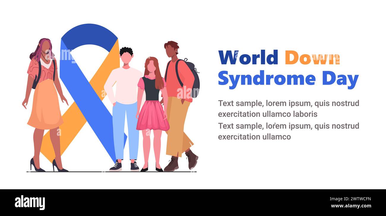 Der 21. März ist der World Down Syndrome Day. Eine Gruppe von Jungen und Mädchen steht neben einem gelben blauen Band. Illustration des Down-Syndroms-Bewusstseinsvektors Stockfoto