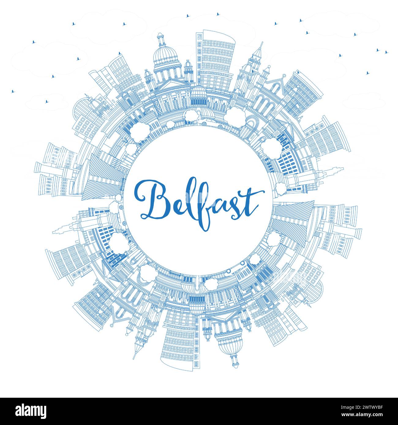 Skizzieren Sie die Skyline von Belfast Northern Ireland City mit blauen Gebäuden und Kopierflächen. Vektorgrafik. Stadtbild von Belfast mit Wahrzeichen. Stock Vektor
