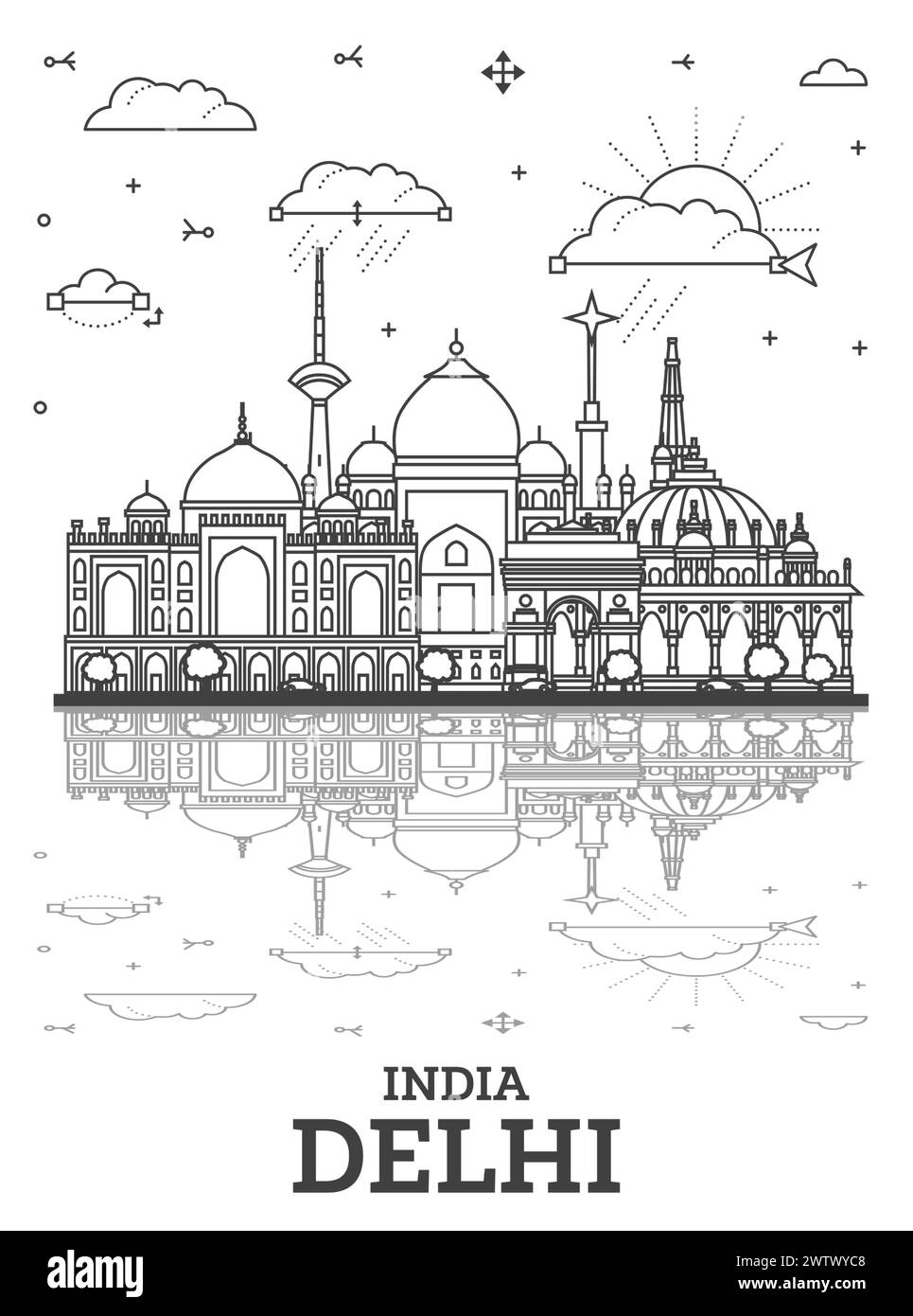 Umrisse Delhi Indien Skyline der Stadt mit historischen Gebäuden isoliert auf Weiss. Vector Illustration. Delhi Stadtbild mit Sehenswürdigkeiten. Stock Vektor