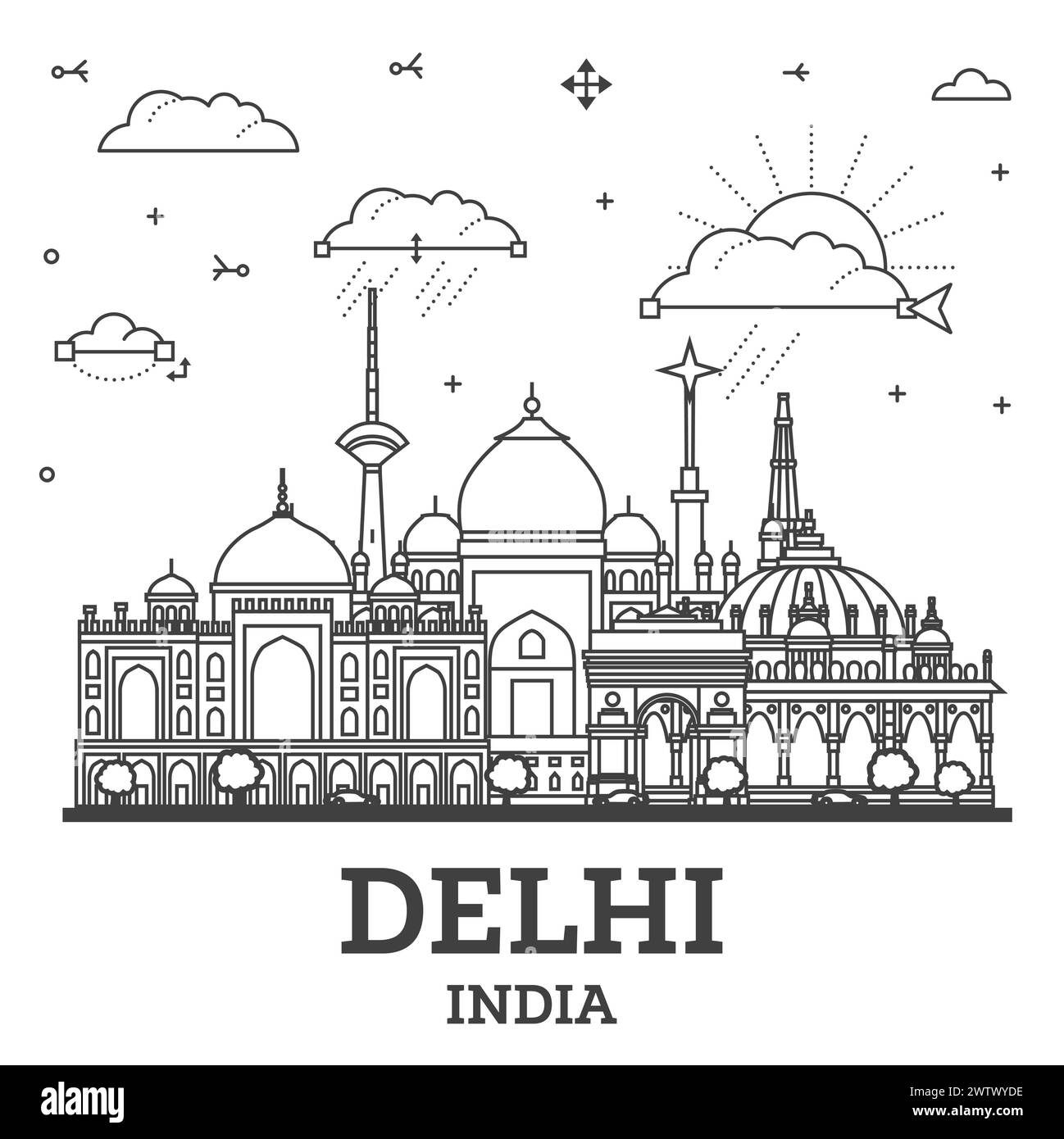 Umrisse Delhi Indien Skyline der Stadt mit historischen Gebäuden isoliert auf Weiss. Vector Illustration. Delhi Stadtbild mit Sehenswürdigkeiten. Stock Vektor