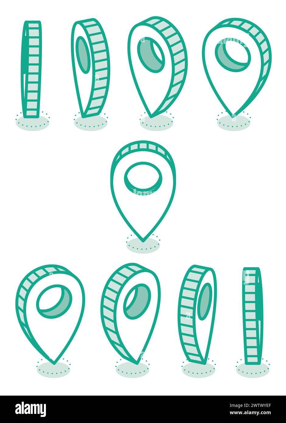 Isometrische Kartenzeiger. Vektorabbildung. In verschiedenen Winkeln einstellen. Kartenzeiger 3D-Stift. Positionssymbole. Gliederungsobjekte. Stock Vektor