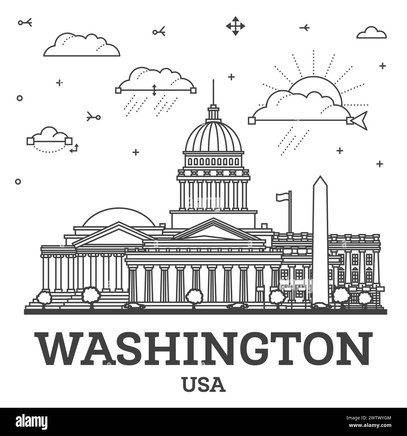 Umrisse Washington DC USA Skyline der Stadt mit modernen Gebäuden isoliert auf Weiss. Vector Illustration. Washington DC Stadtbild mit Sehenswürdigkeiten. Stock Vektor