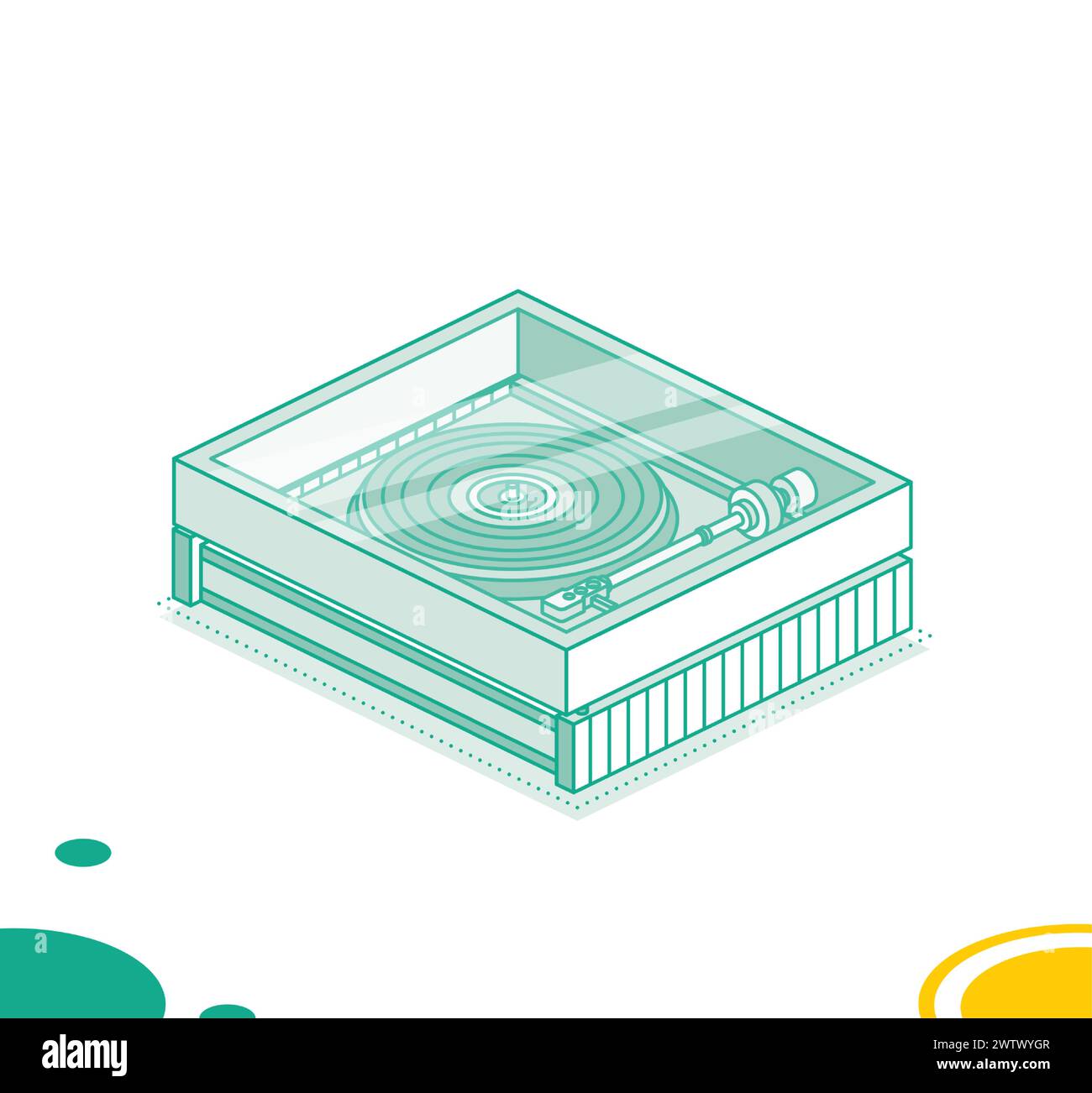 Isometrischer Vinyl-Player mit Scheibe und Abdeckung. Vektorabbildung. Objekt auf weißem Hintergrund isoliert. Vinyl-Recorder. 3D-Element im Umrissstil. Stock Vektor