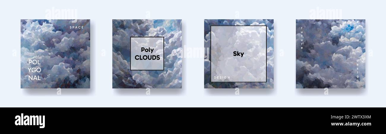 Vektor Low Poly abstrakte blaue quadratische Hintergründe gesetzt, trendige Kollektion, geometrischer Himmel mit Wolken, Business Luxus polygonale Tapete, Dreieck-Modus Stock Vektor