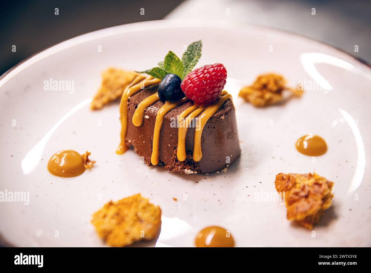 Schokoladen-Mousse-Kuchen, dekoriert mit frischem Obst und Karamellsauce Stockfoto