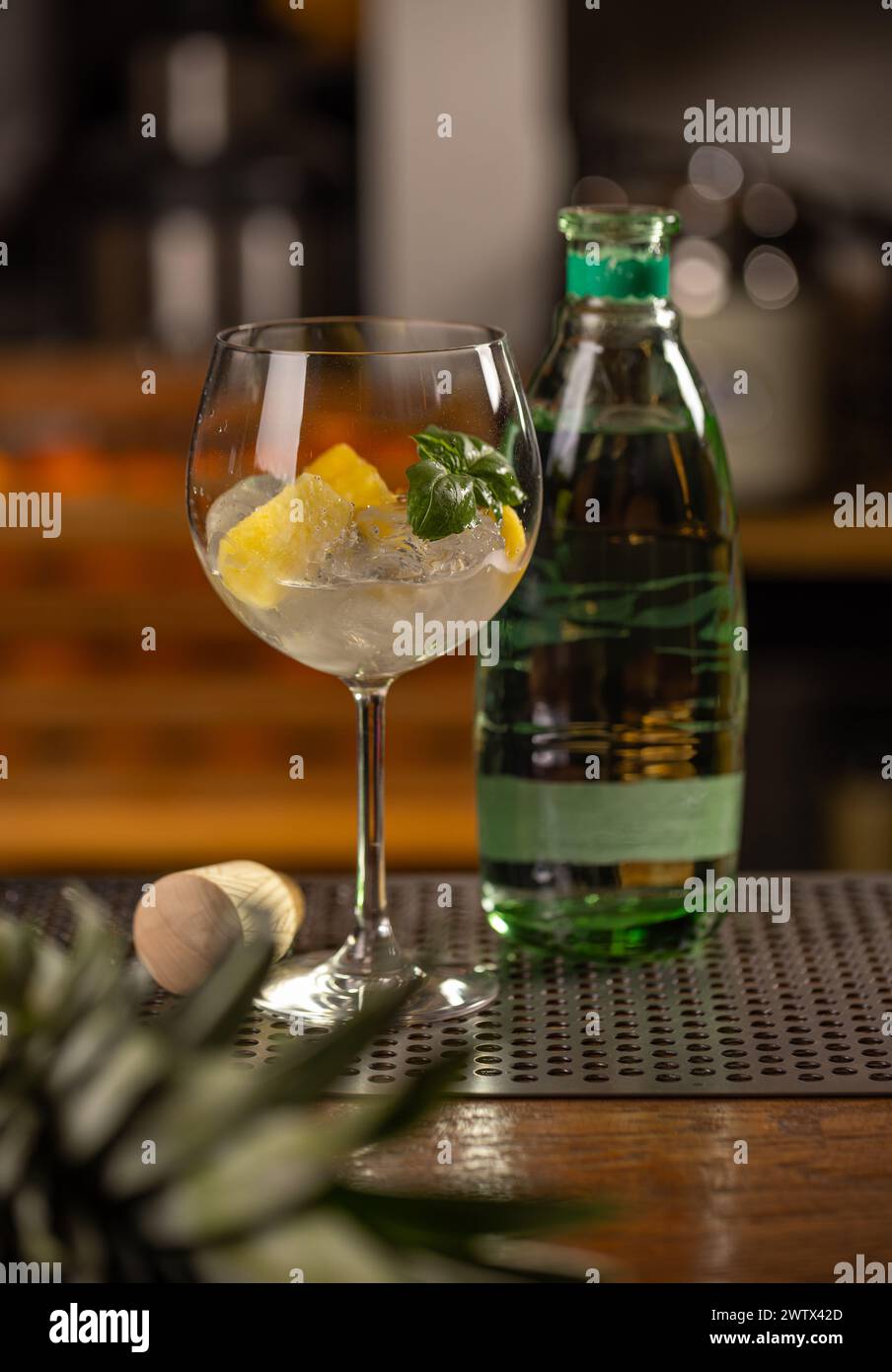 Nahaufnahme eines kalten Getränks mit Fruchtstücken und Minze in einem raffinierten Glas, neben einer Wasserflasche Stockfoto