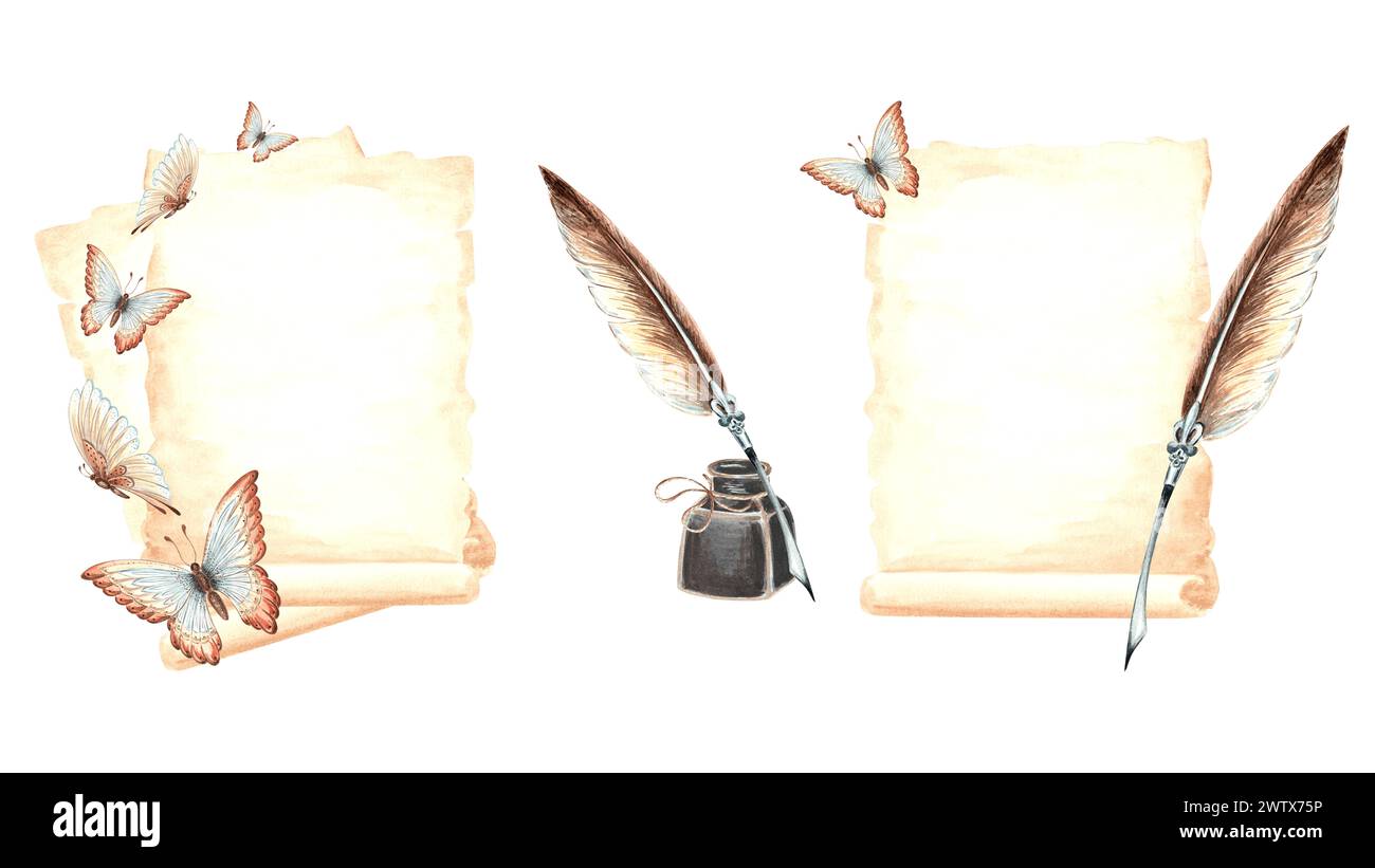 Set mit Vintage Schreibzubehör. Pergamentpapier Blätter Schmetterlinge, Federstift und Tintenfass. Handgezeichnete Aquarellillustration von Papyrus, Retro-Let Stockfoto