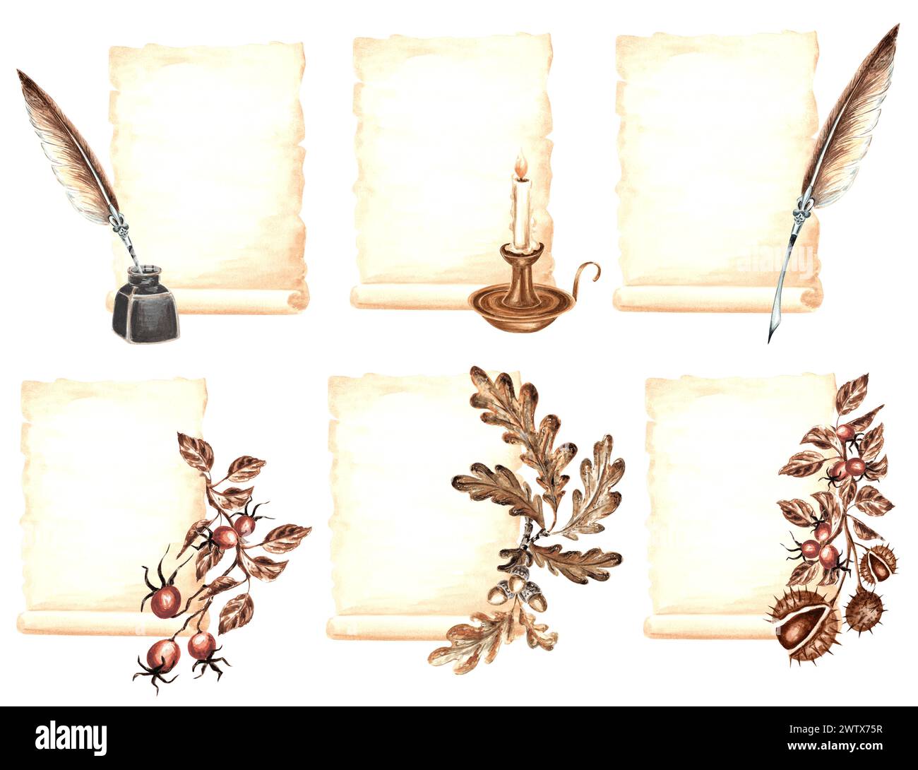 Set aus Vintage-Kompositionen Pergamentpapier mit Tintenfass, Federstift, Kerze und Pflanzenzweigen. Handgezeichnete Aquarellillustration von Papyru Stockfoto