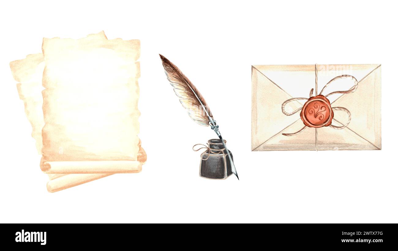 Set mit Vintage Schreibzubehör. Pergamentpapier und Umschlag, Federstift und Tintenfass, Wachsversiegelung. Handgezeichnete Aquarellillustration von Papyrus. Lette Stockfoto